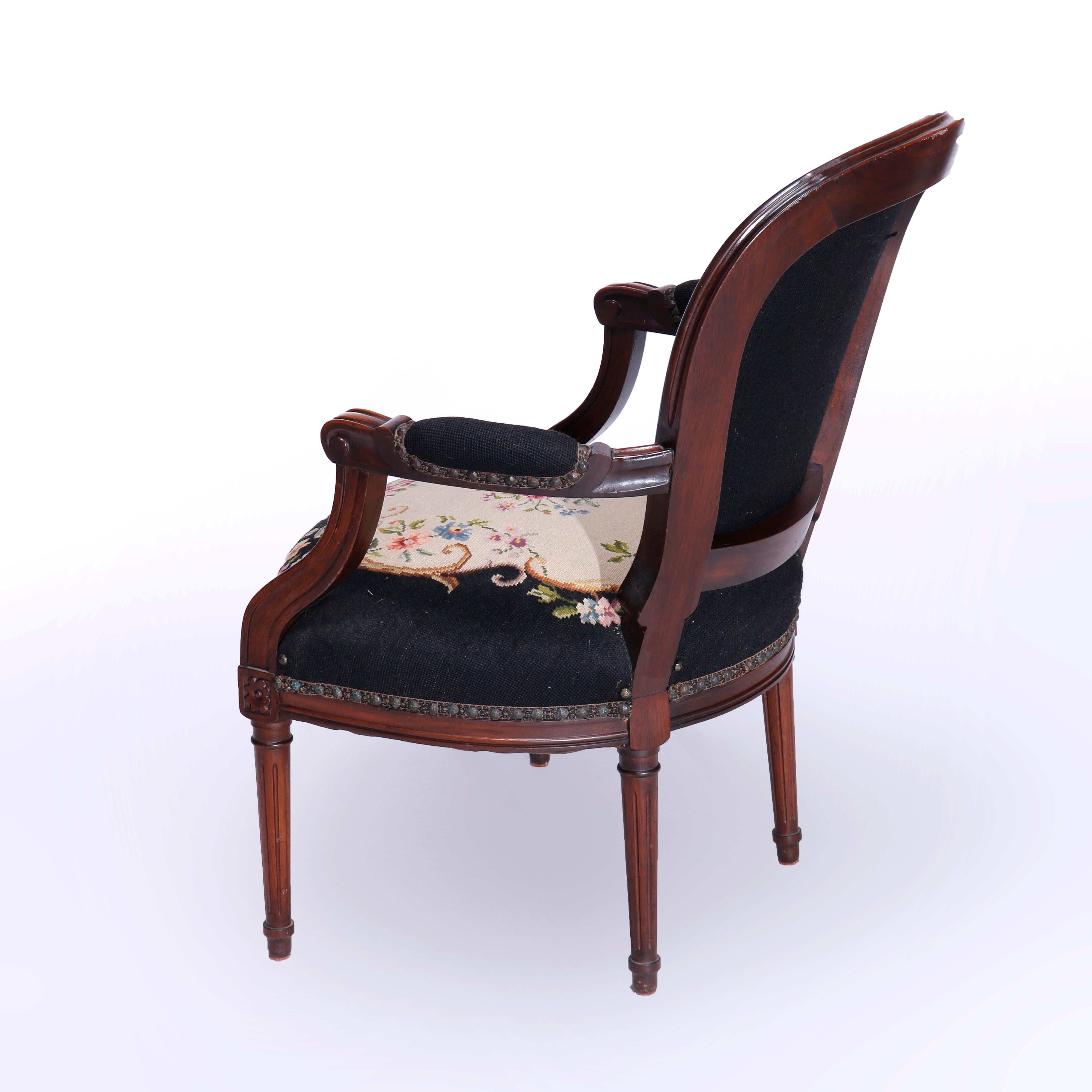 Antique French Louis XVI Carved Walnut & Tapestry Arm Chair Circa 1890 3