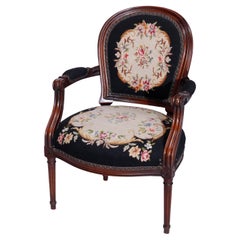 Antique French Louis XVI Carved Walnut & Tapestry Arm Chair Circa 1890