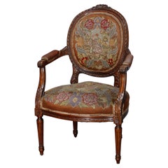 Antique French Louis XVI Carved Walnut & Tapestry Armchair, C1930