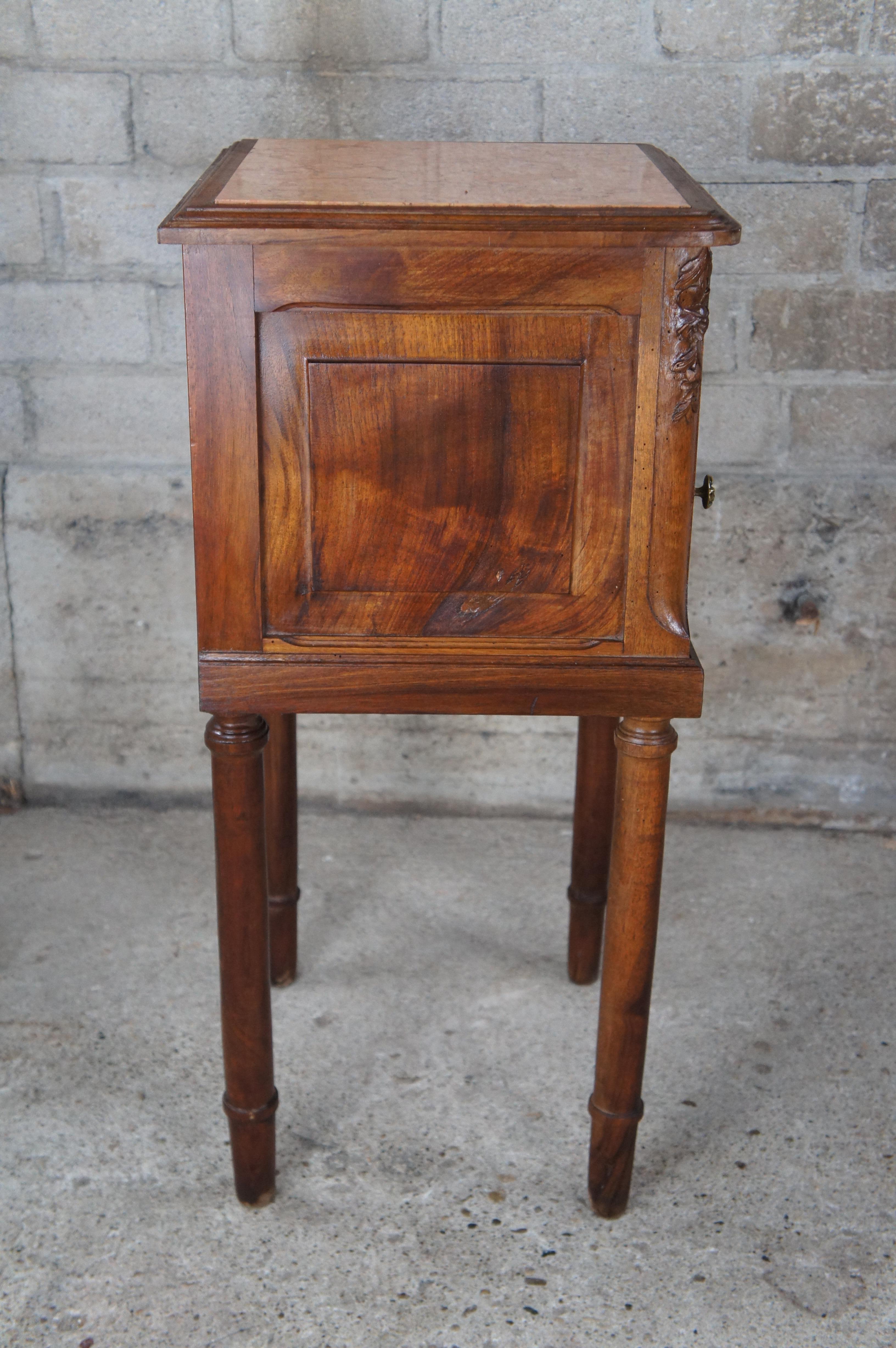 Antique French Louis XVI Carved Walnut Travertine Top Bedside Table Nightstand 3