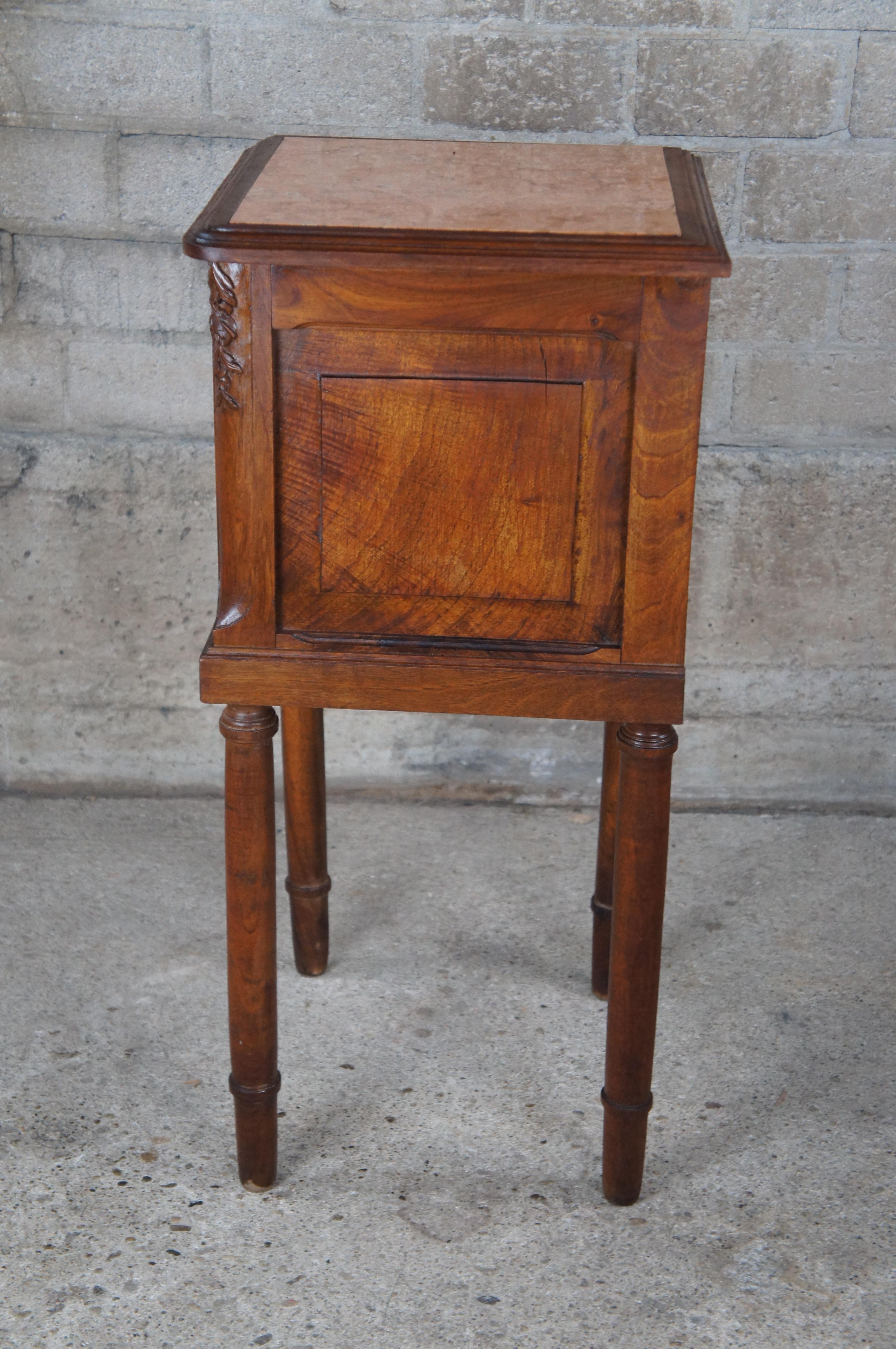 Antique French Louis XVI Carved Walnut Travertine Top Bedside Table Nightstand 5