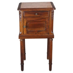 Antique French Louis XVI Carved Walnut Travertine Top Bedside Table Nightstand