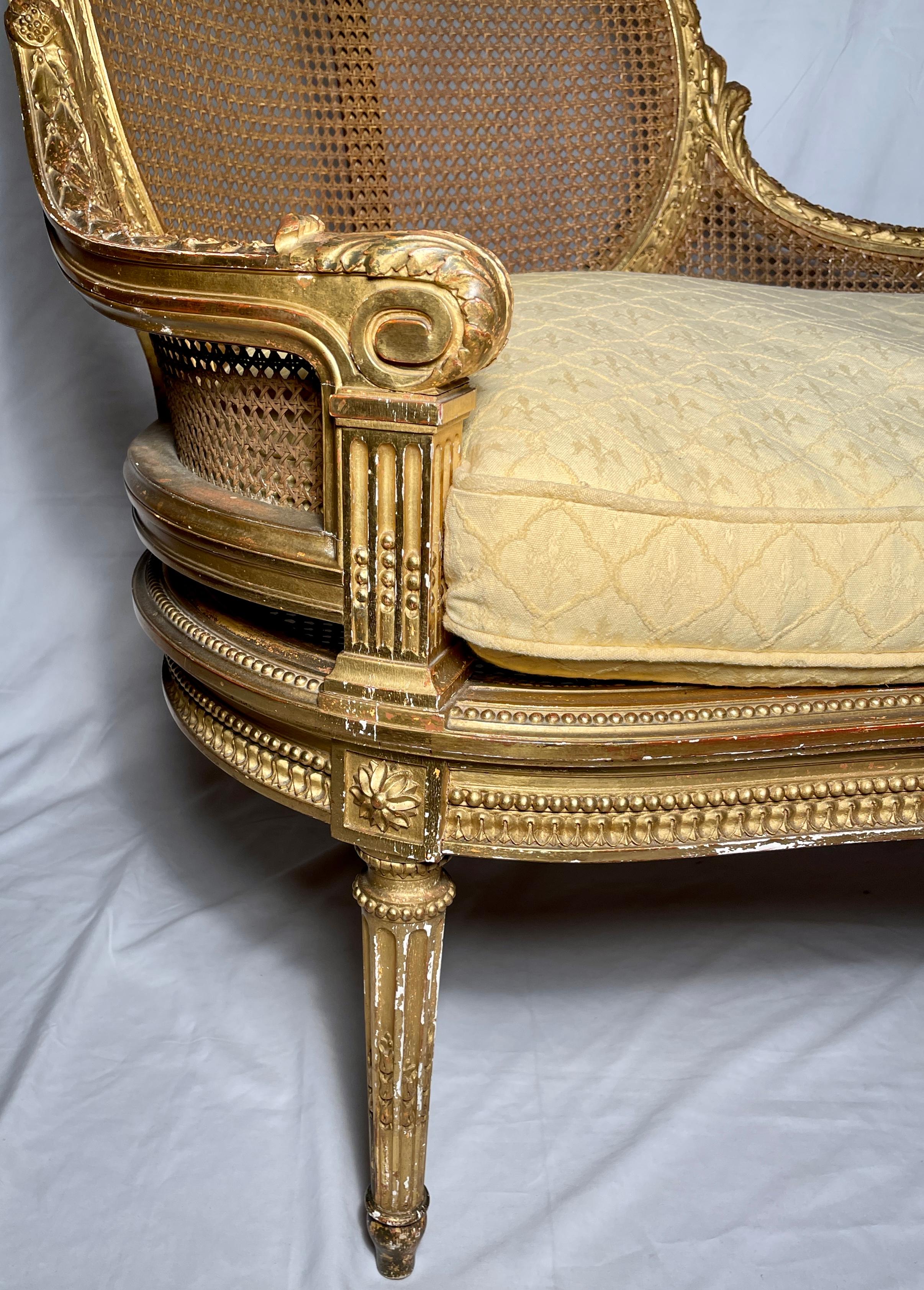 19th Century Antique French Louis XVI Carved Wood & Cane Recamier or Chaise Lounge Circa 1890