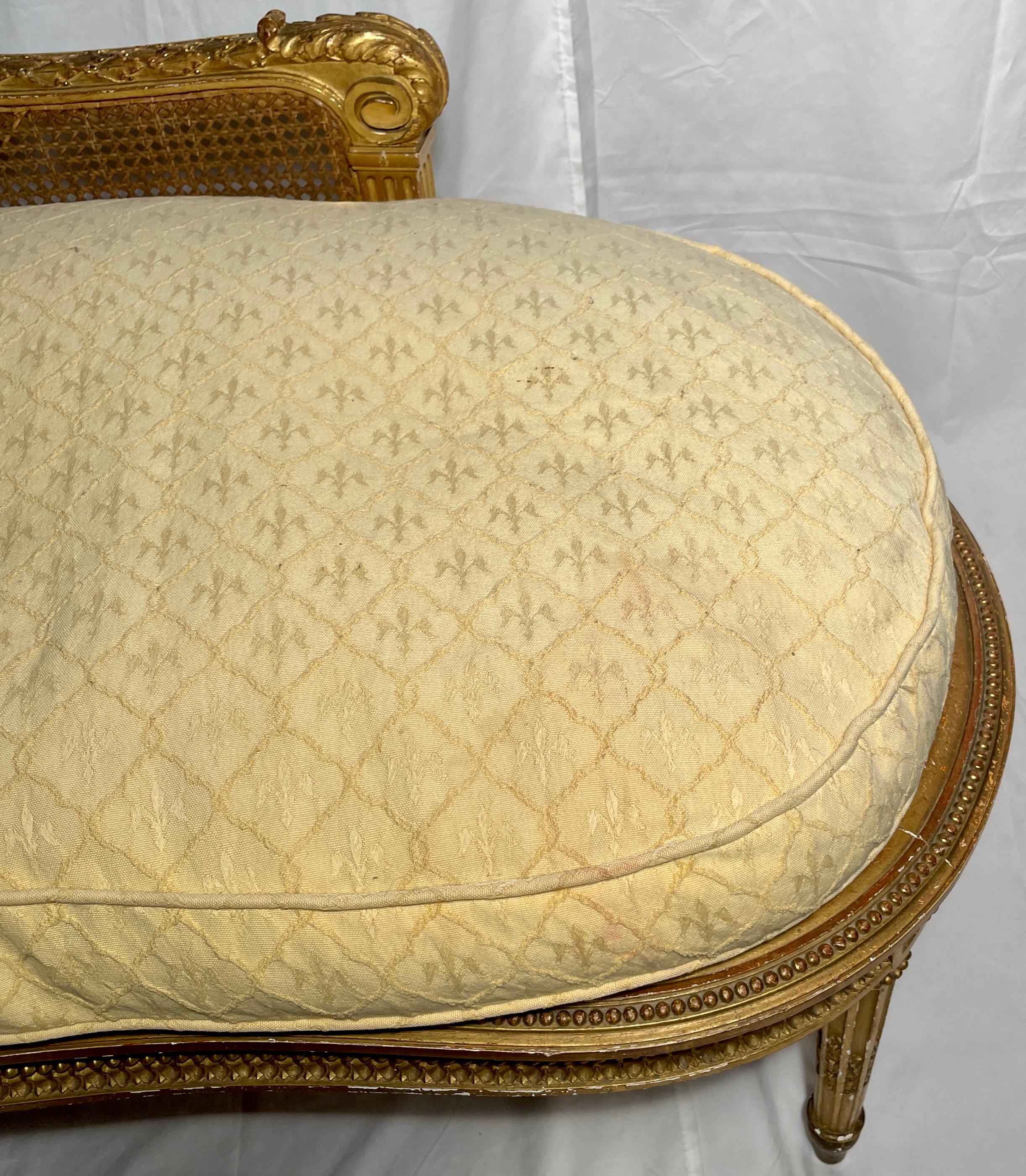 Fabric Antique French Louis XVI Carved Wood & Cane Recamier or Chaise Lounge Circa 1890