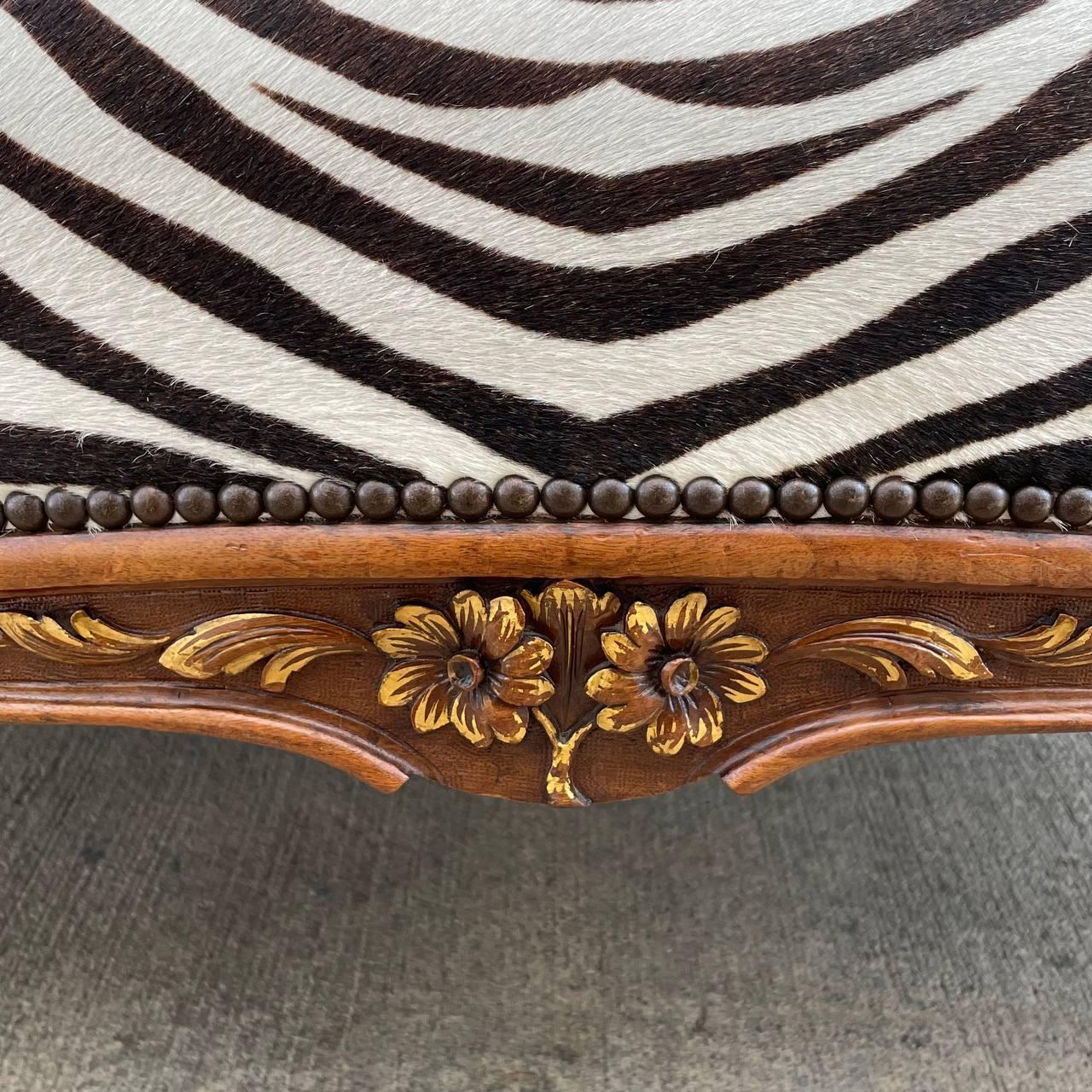Antique French Louis XVI Carved Wood & Faux Zebra Leather Sofa For Sale 5