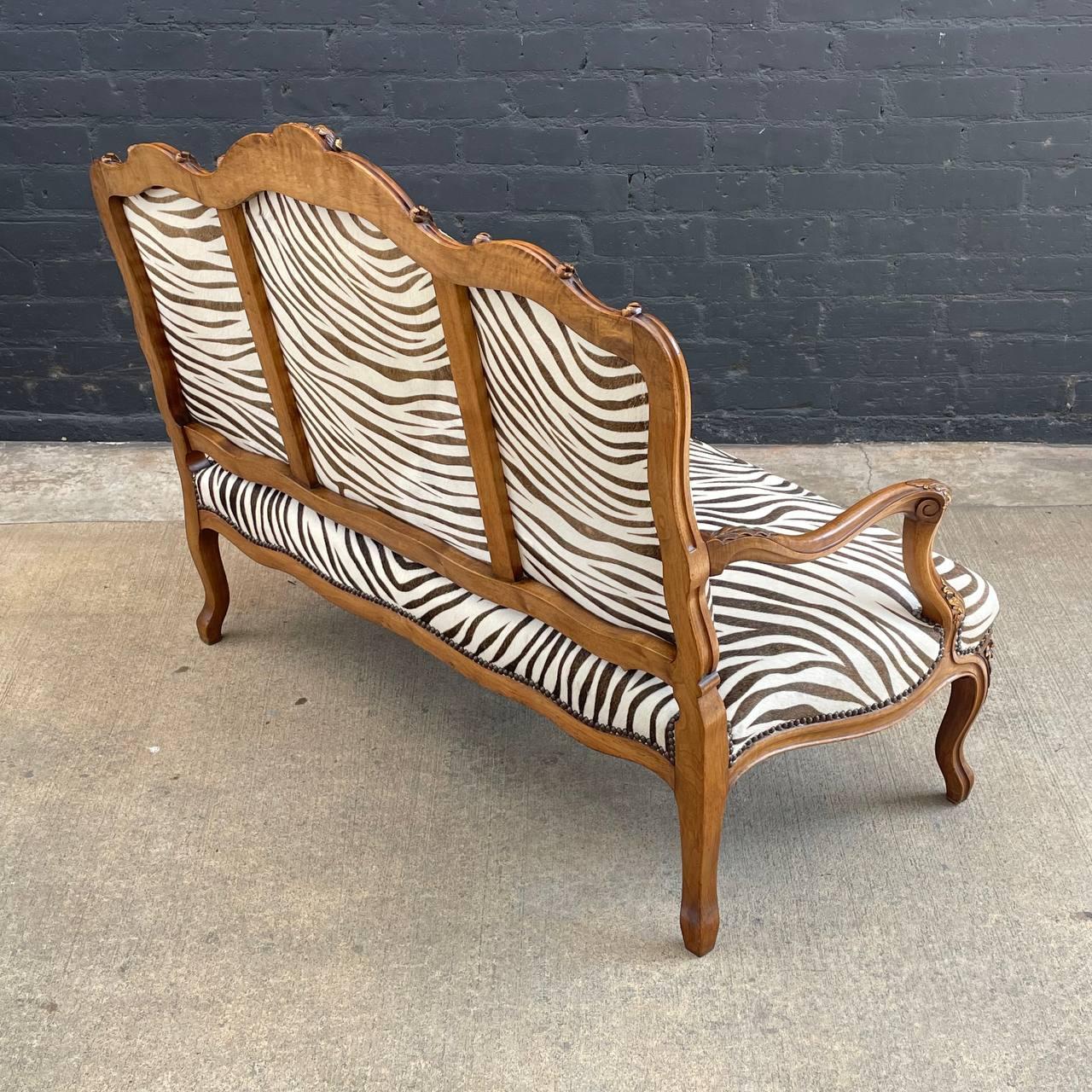 Antique French Louis XVI Carved Wood & Faux Zebra Leather Sofa In Good Condition For Sale In Los Angeles, CA