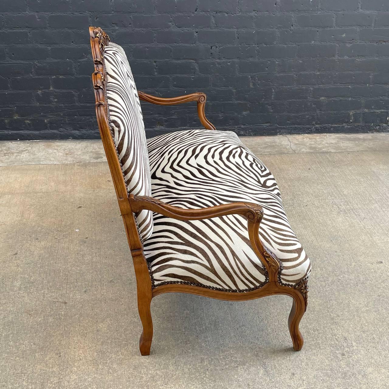 Early 20th Century Antique French Louis XVI Carved Wood & Faux Zebra Leather Sofa For Sale