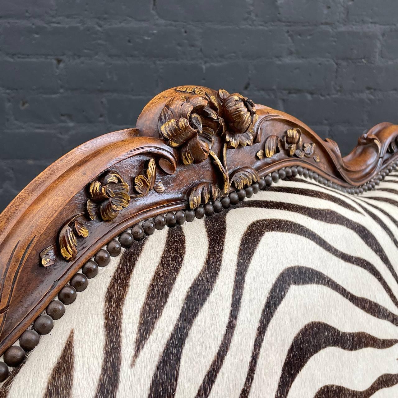Antique French Louis XVI Carved Wood & Faux Zebra Leather Sofa For Sale 1
