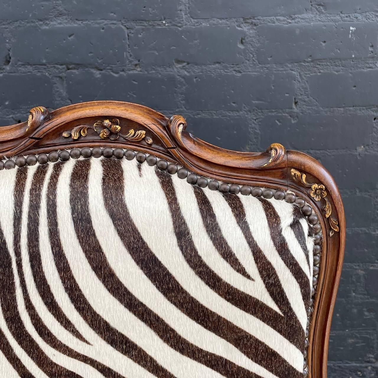 Antique French Louis XVI Carved Wood & Faux Zebra Leather Sofa For Sale 2