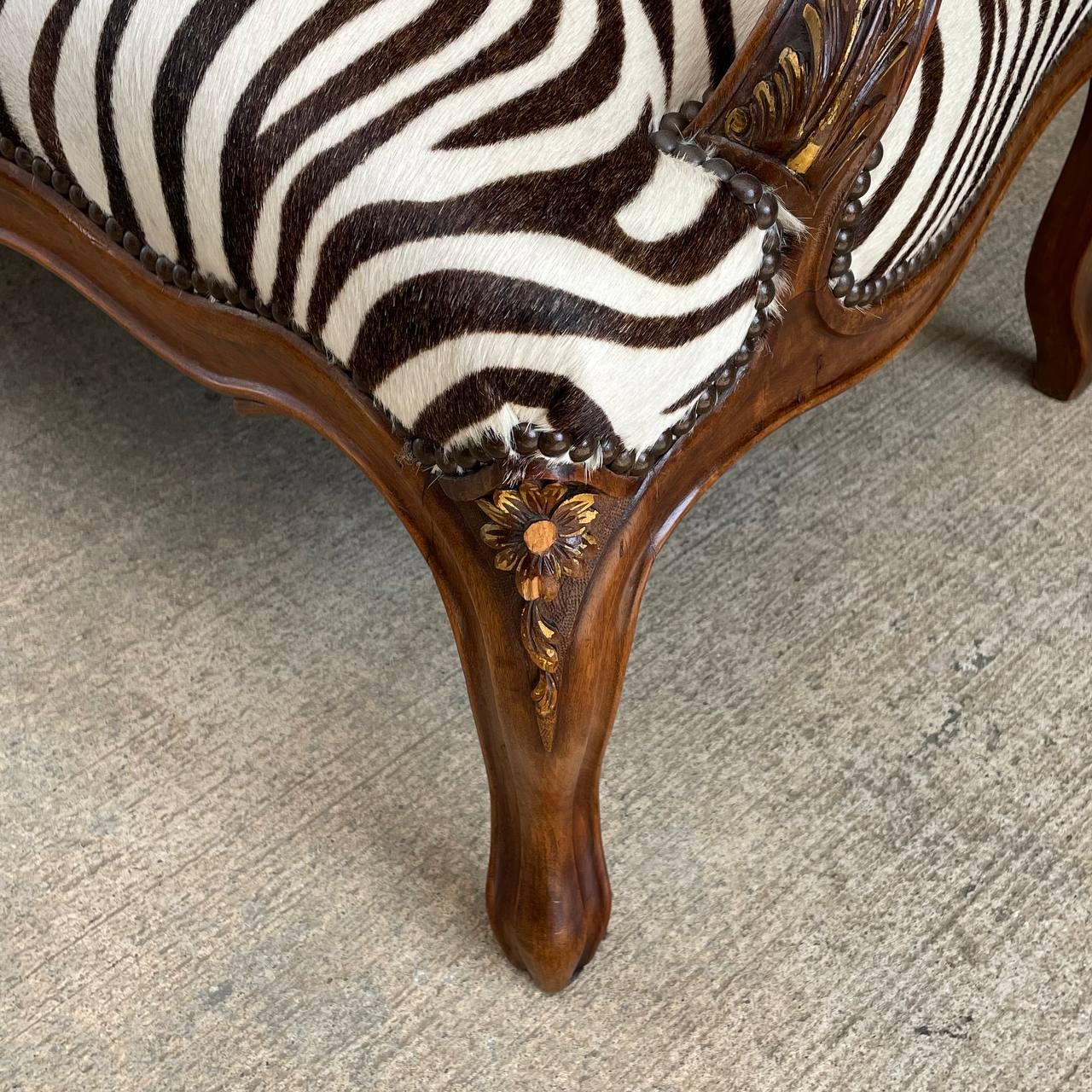 Antique French Louis XVI Carved Wood & Faux Zebra Leather Sofa For Sale 4