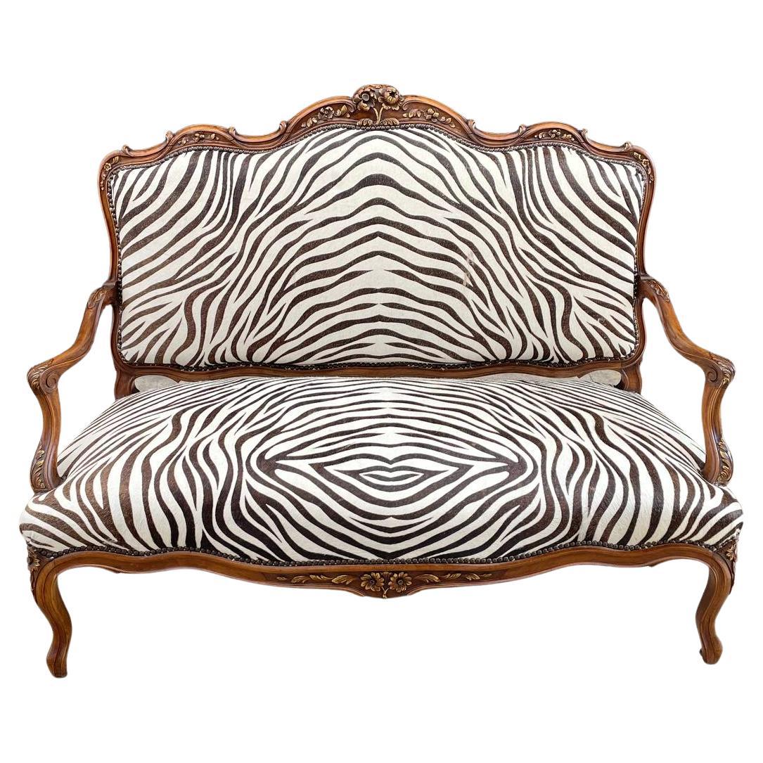 Antique French Louis XVI Carved Wood & Faux Zebra Leather Sofa