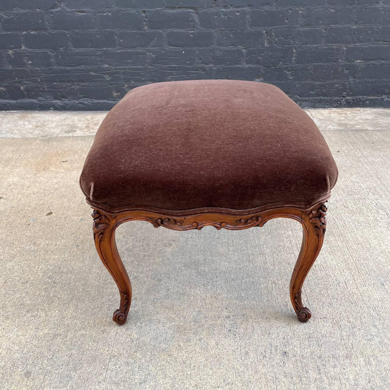 Antique French Louis XVI Carved Wood & Mohair Stool In Good Condition For Sale In Los Angeles, CA