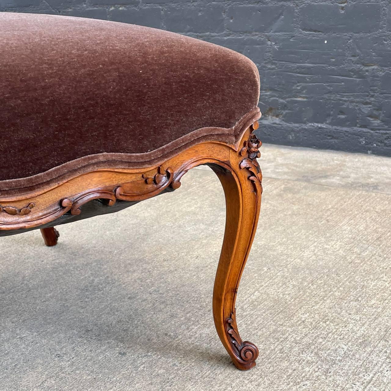 Leather Antique French Louis XVI Carved Wood & Mohair Stool For Sale