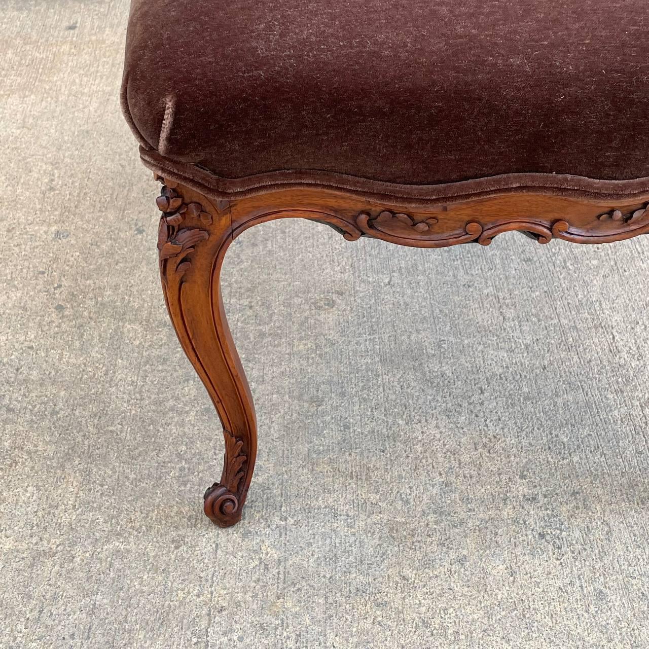 Antique French Louis XVI Carved Wood & Mohair Stool For Sale 3