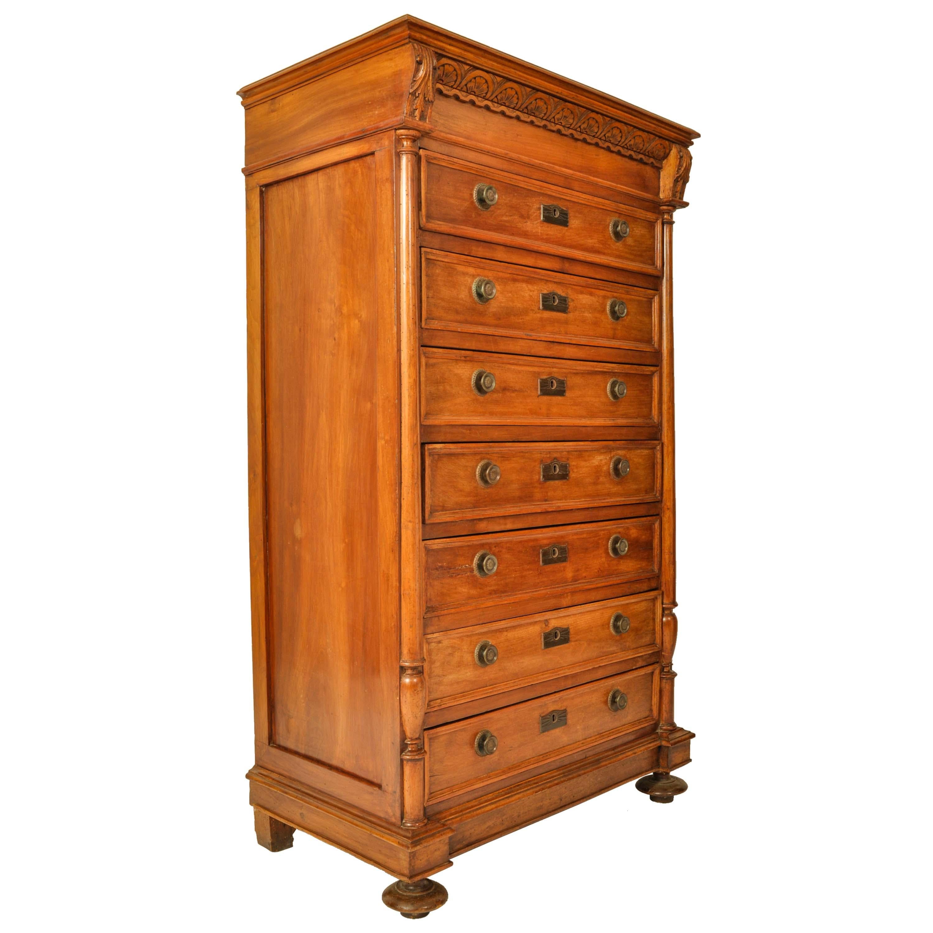 Antique French Louis XVI Cherry Semainier Seven Drawer Carved Chest Dresser 1880 In Good Condition In Portland, OR