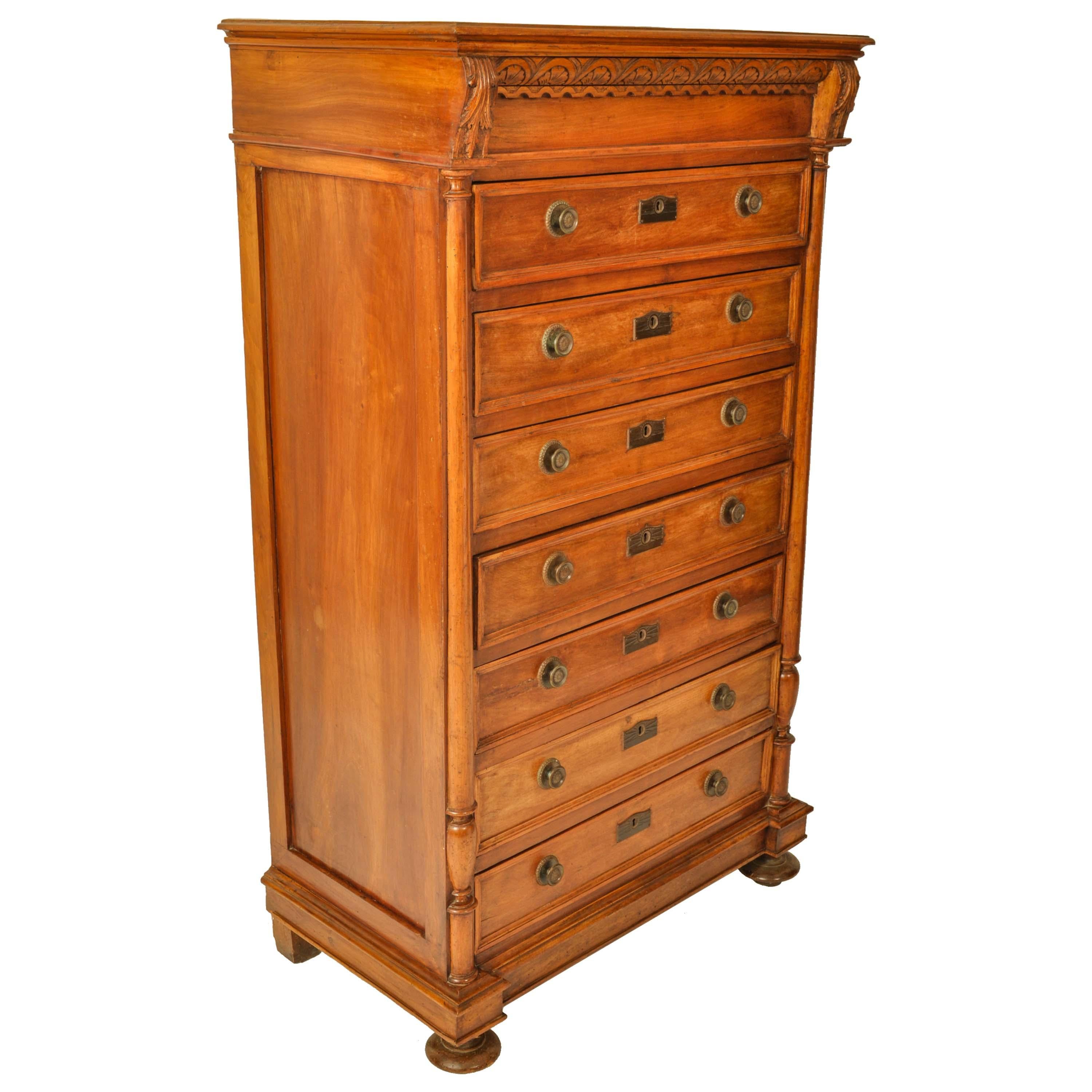 Late 19th Century Antique French Louis XVI Cherry Semainier Seven Drawer Carved Chest Dresser 1880