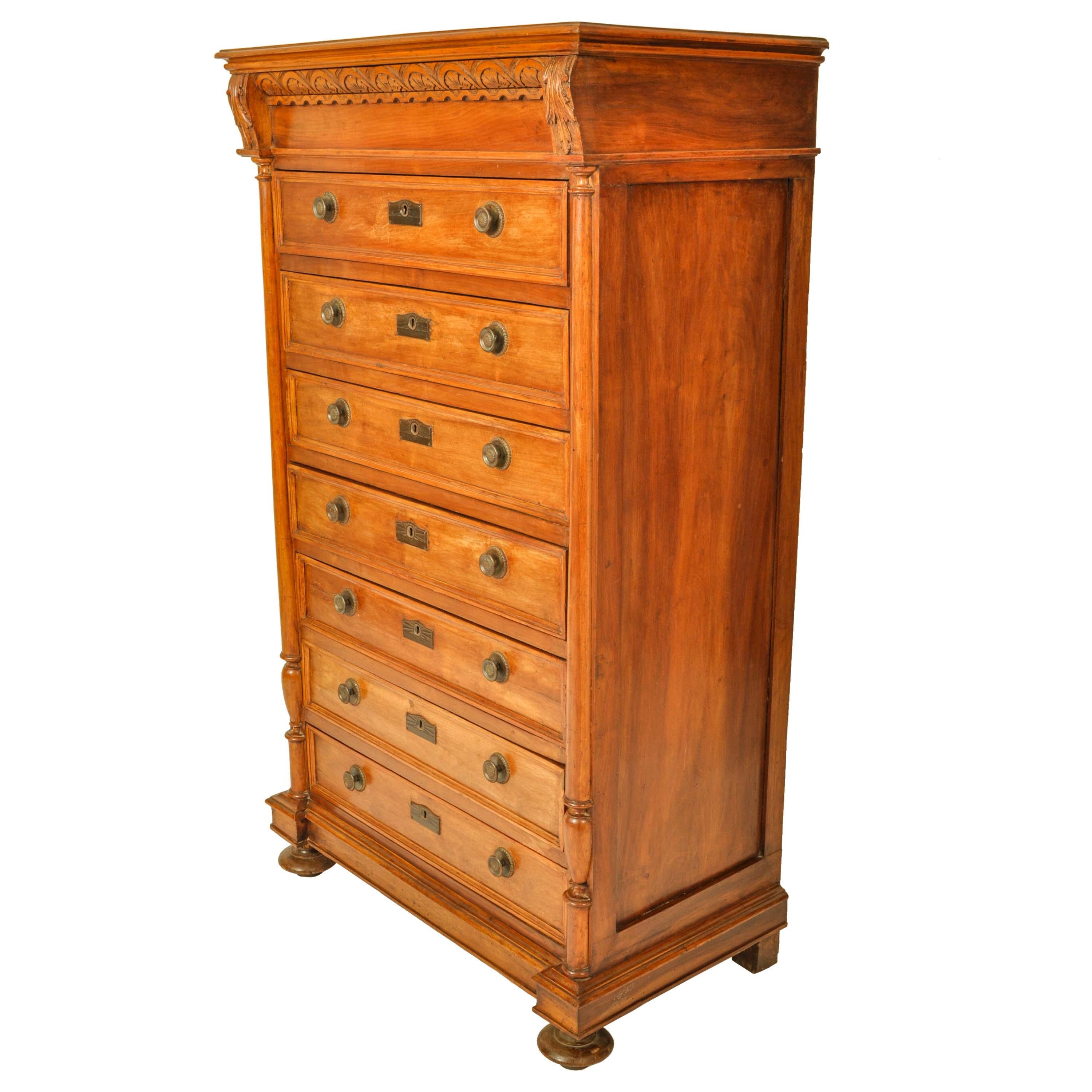 Antique French Louis XVI Cherry Semainier Seven Drawer Carved Chest Dresser 1880 1
