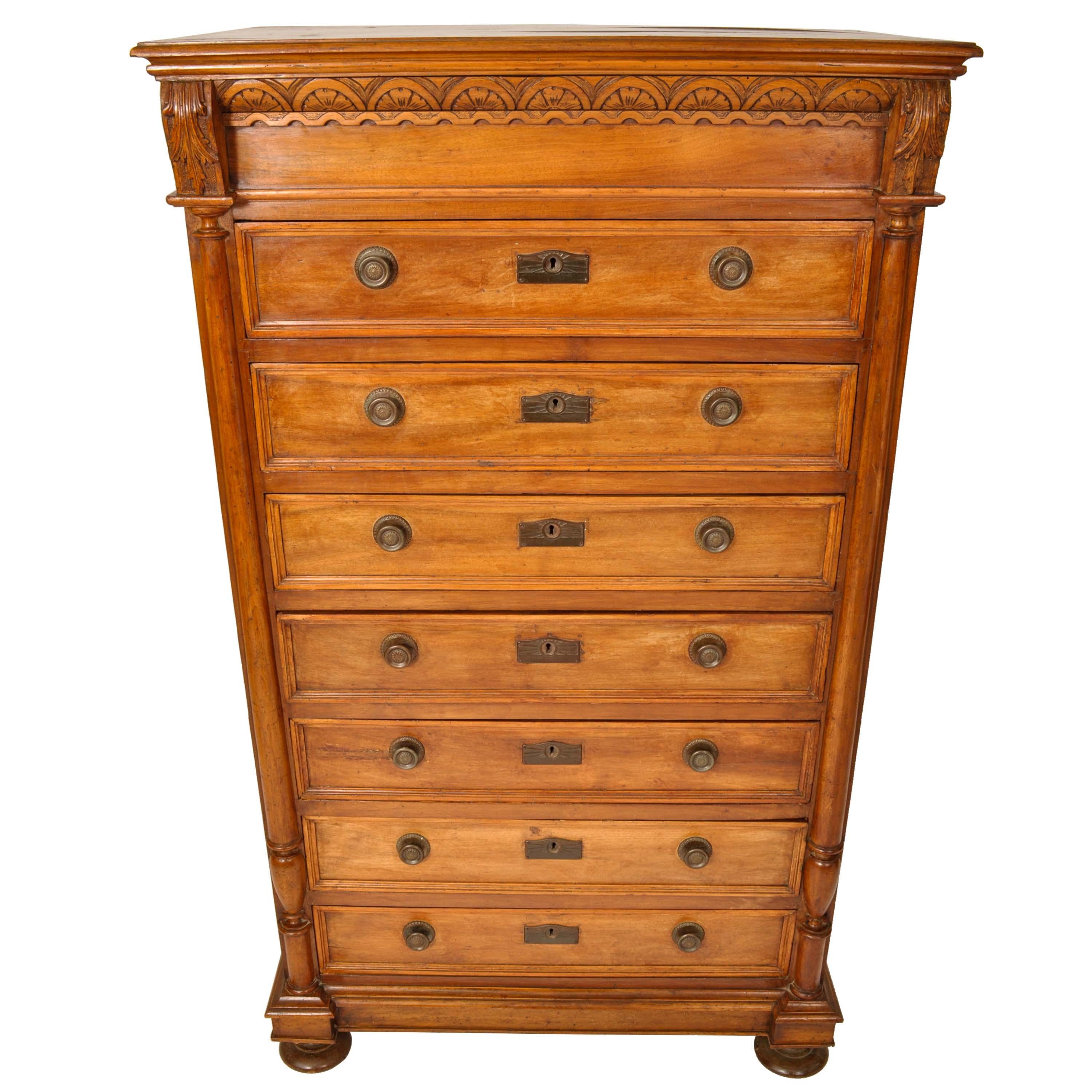 Antique French Louis XVI Cherry Semainier Seven Drawer Carved Chest Dresser 1880 2