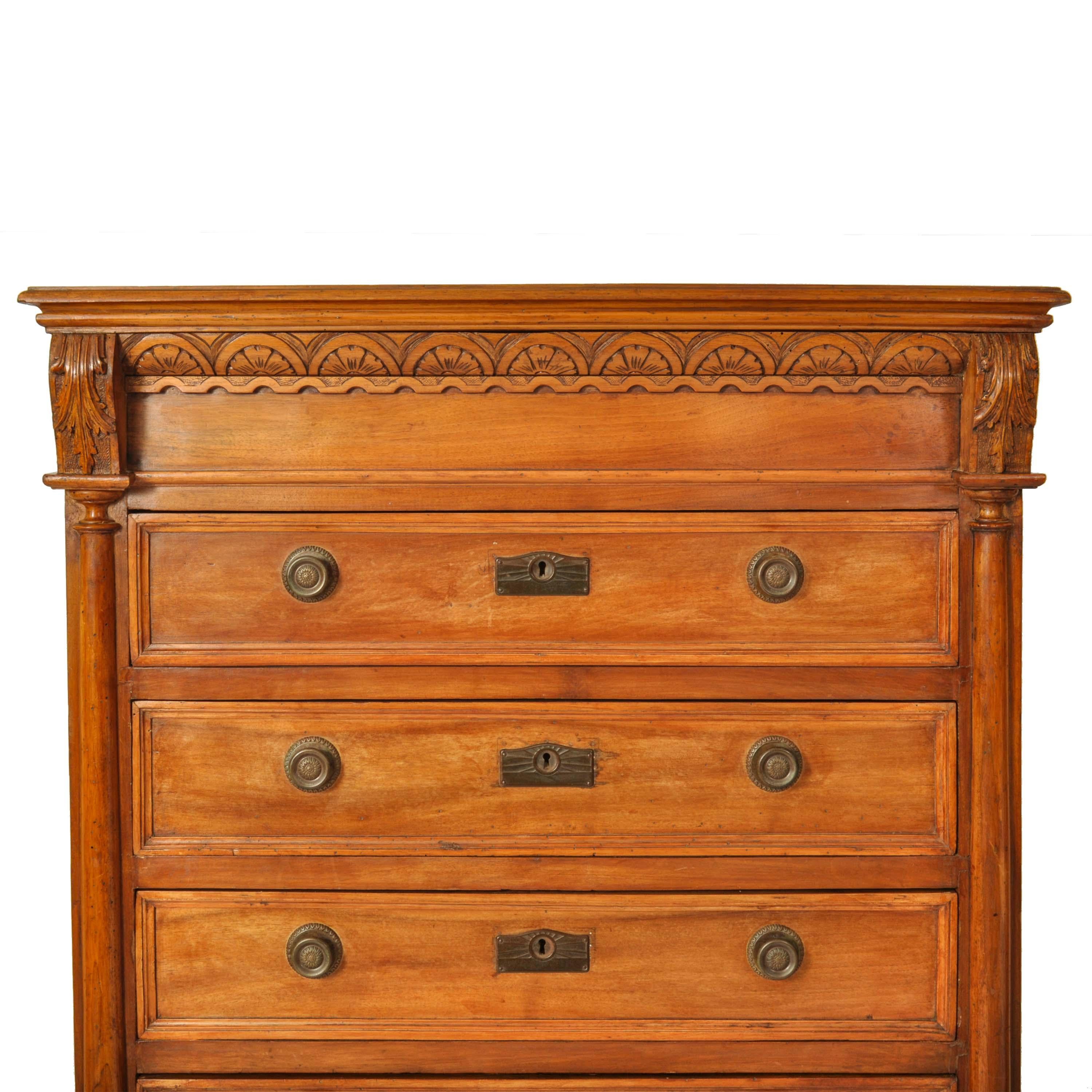 Antique French Louis XVI Cherry Semainier Seven Drawer Carved Chest Dresser 1880 3