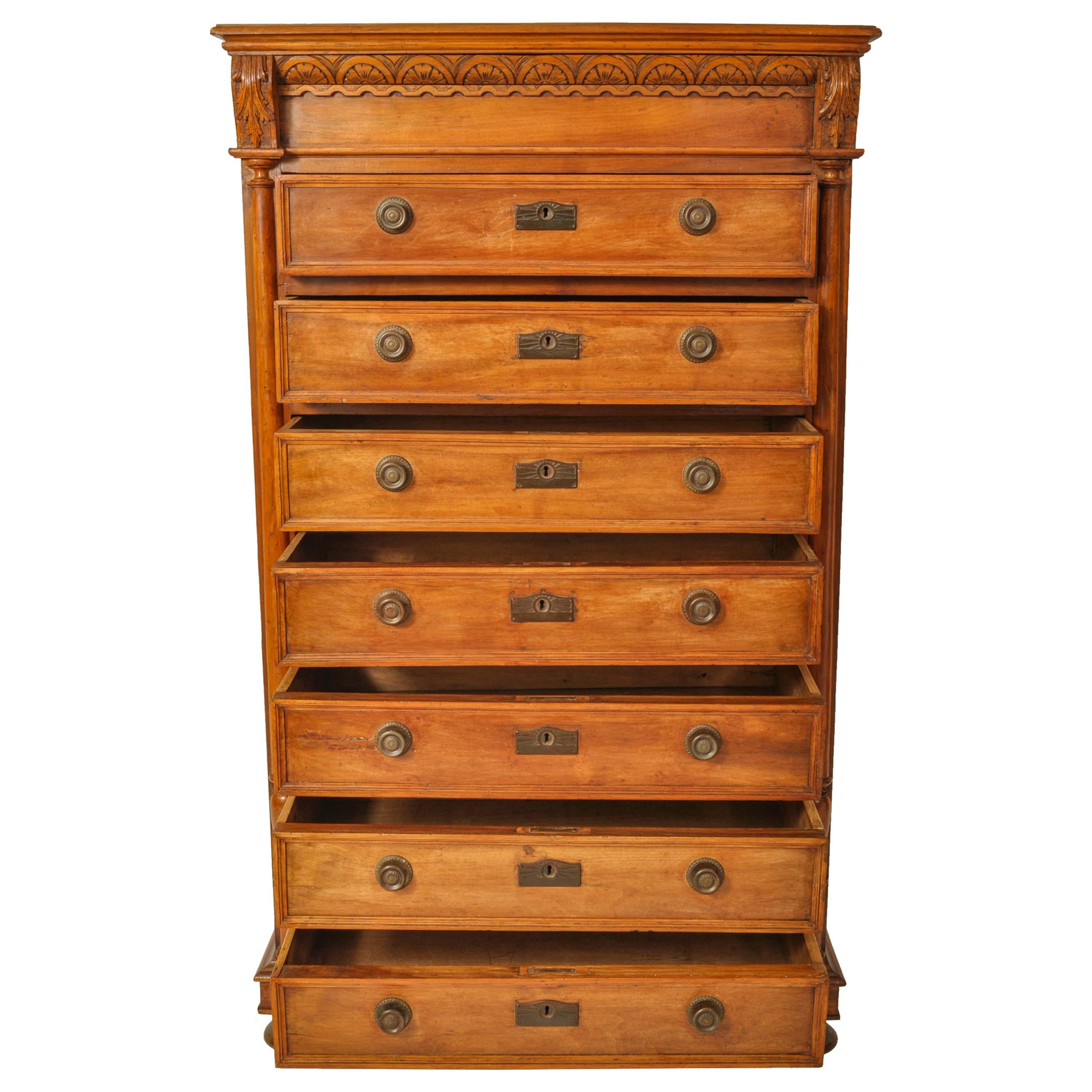 Antique French Louis XVI Cherry Semainier Seven Drawer Carved Chest Dresser 1880 5