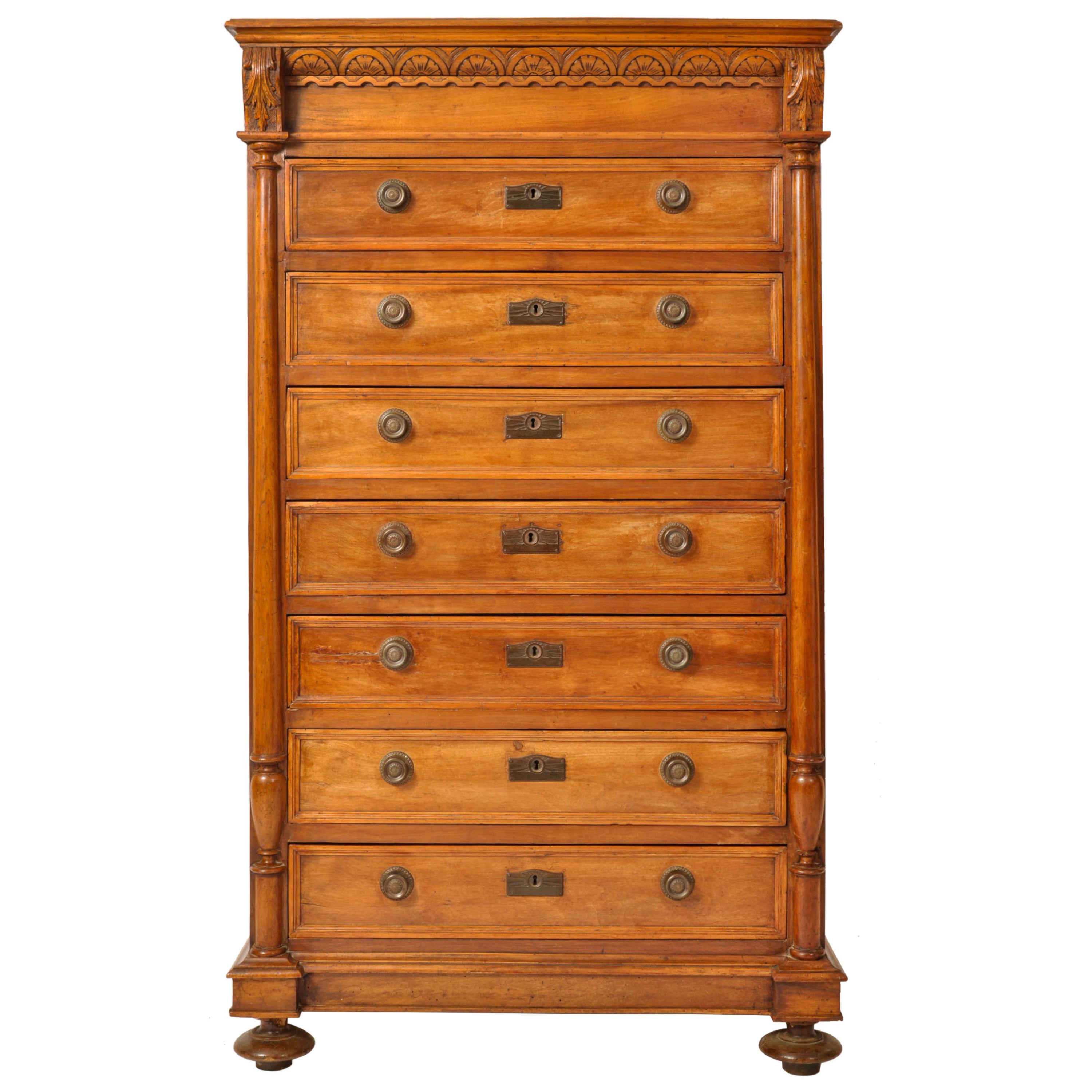 Antique French Louis XVI Cherry Semainier Seven Drawer Carved Chest Dresser 1880