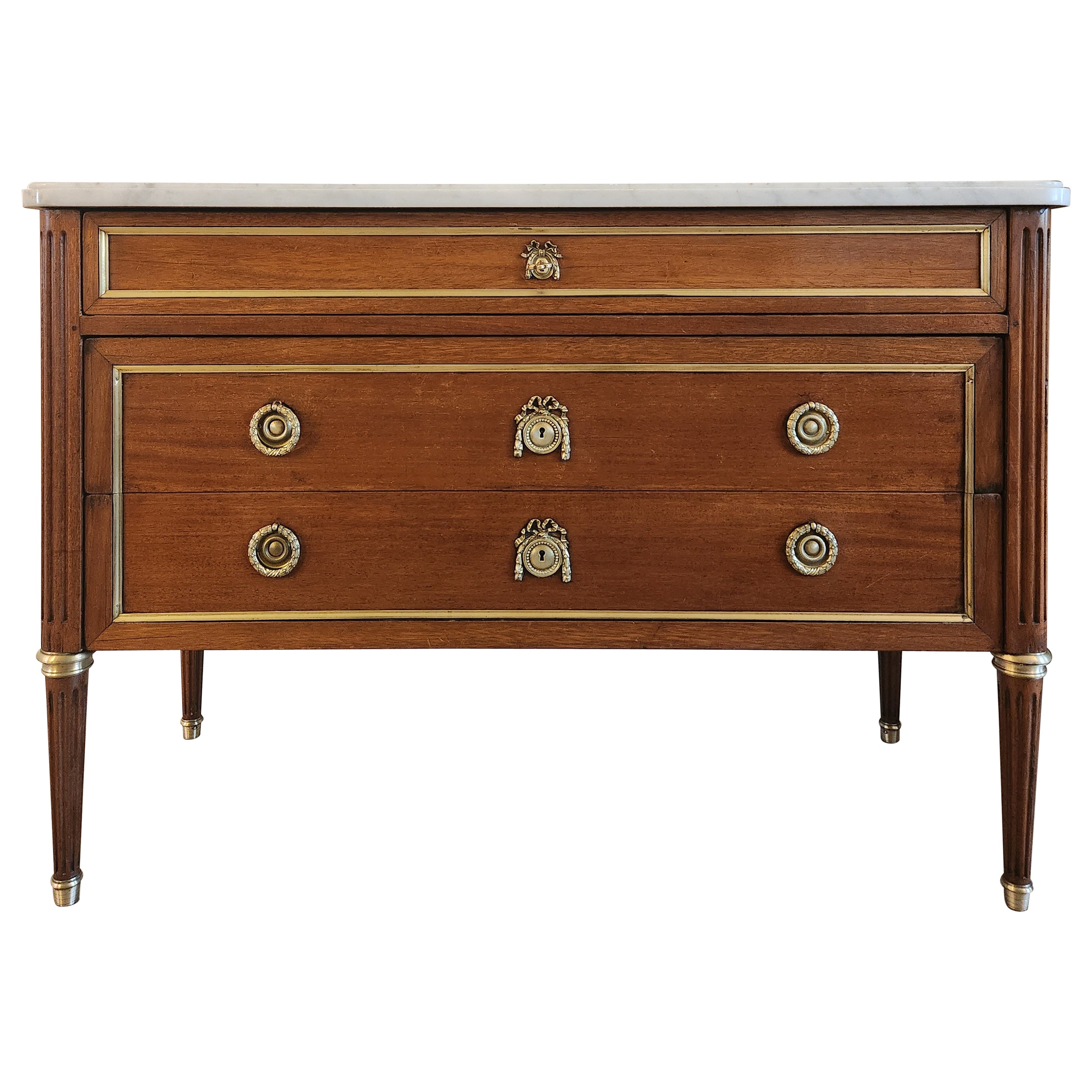 Antique French Luigi XVI Cassettiera Commode, bronzo e marmo di Carrara