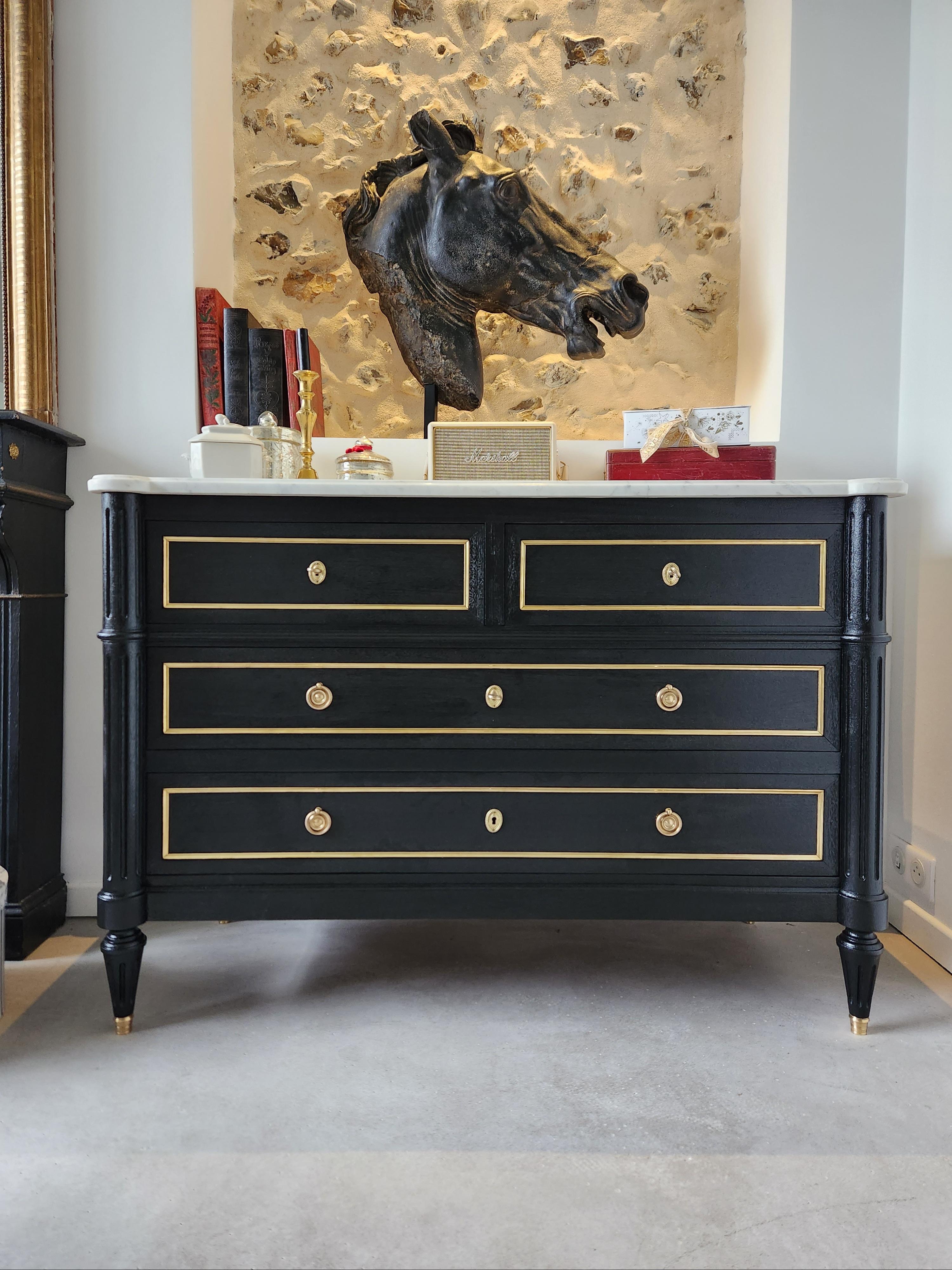 Antique French, Louis XVI Chest of Drawers Commode, Carrara Marble & Bronze For Sale 9