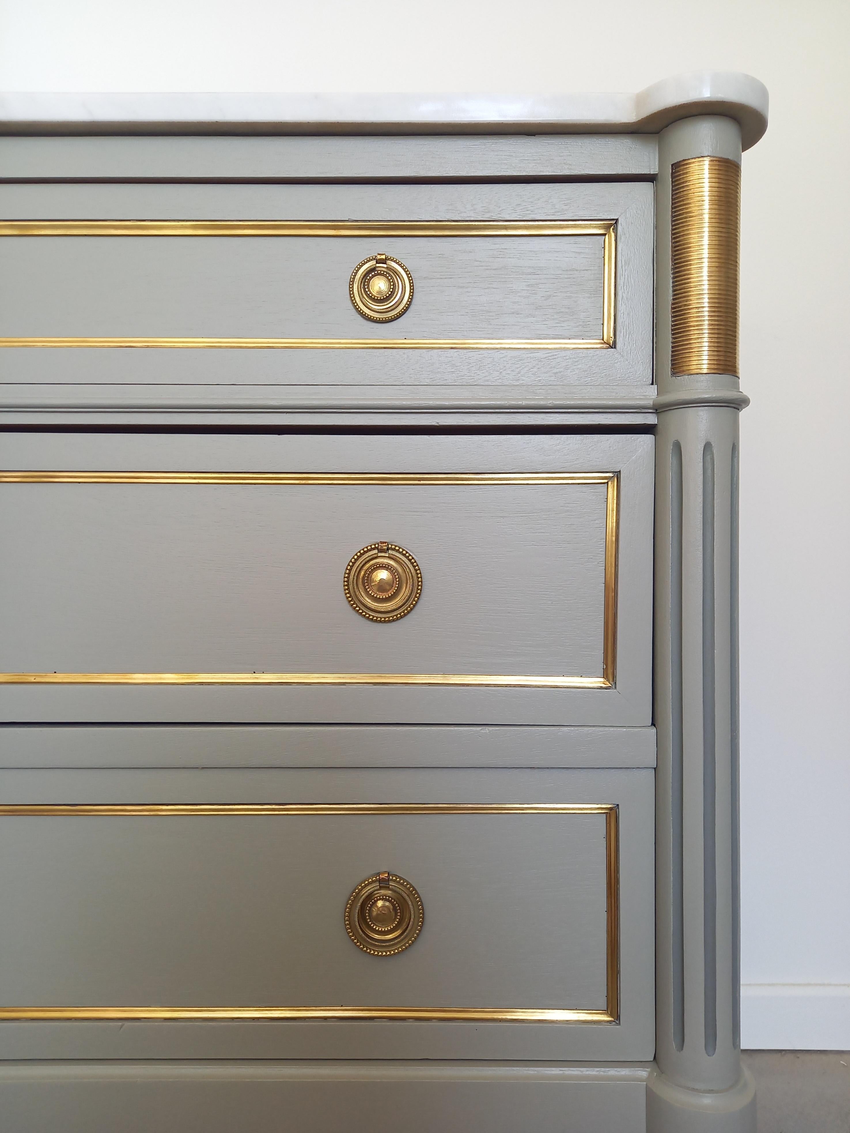 Antique French, Louis XVI Chest of Drawers Commode, Carrara Marble & Bronze For Sale 12