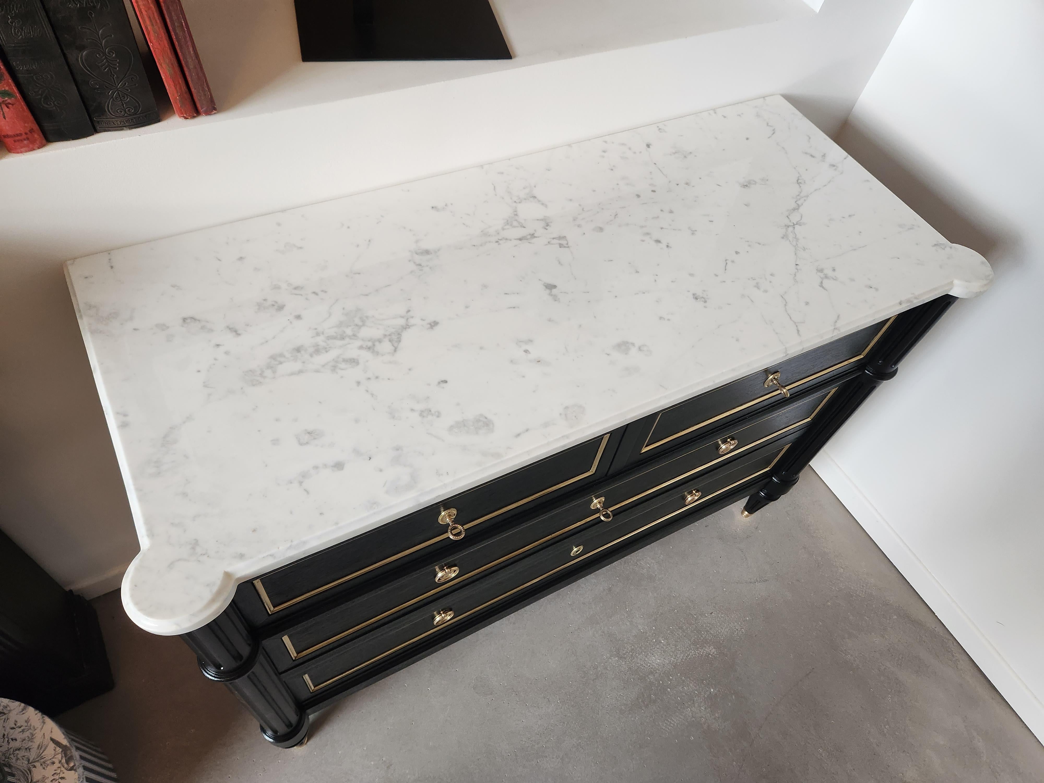 Antique French, Louis XVI Chest of Drawers Commode, Carrara Marble & Bronze For Sale 13