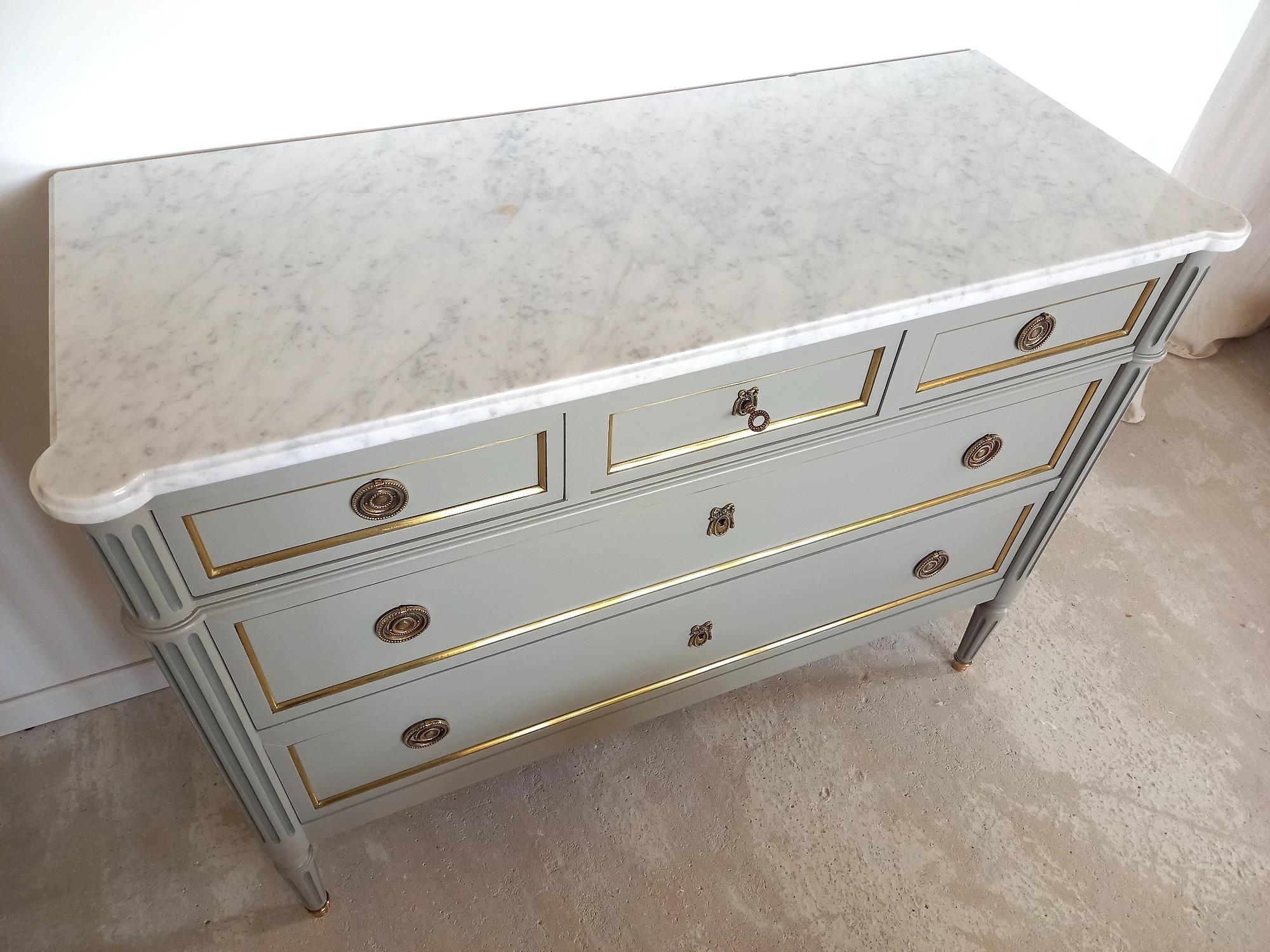 20th Century Antique French, Louis XVI Chest of Drawers Commode, Carrara Marble & Bronze For Sale