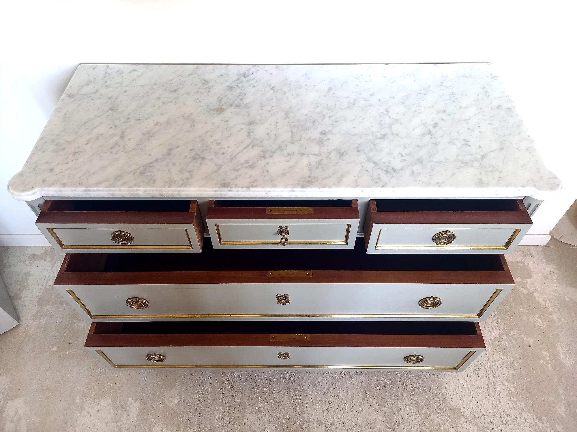 Antique French, Louis XVI Chest of Drawers Commode, Carrara Marble & Bronze For Sale 2
