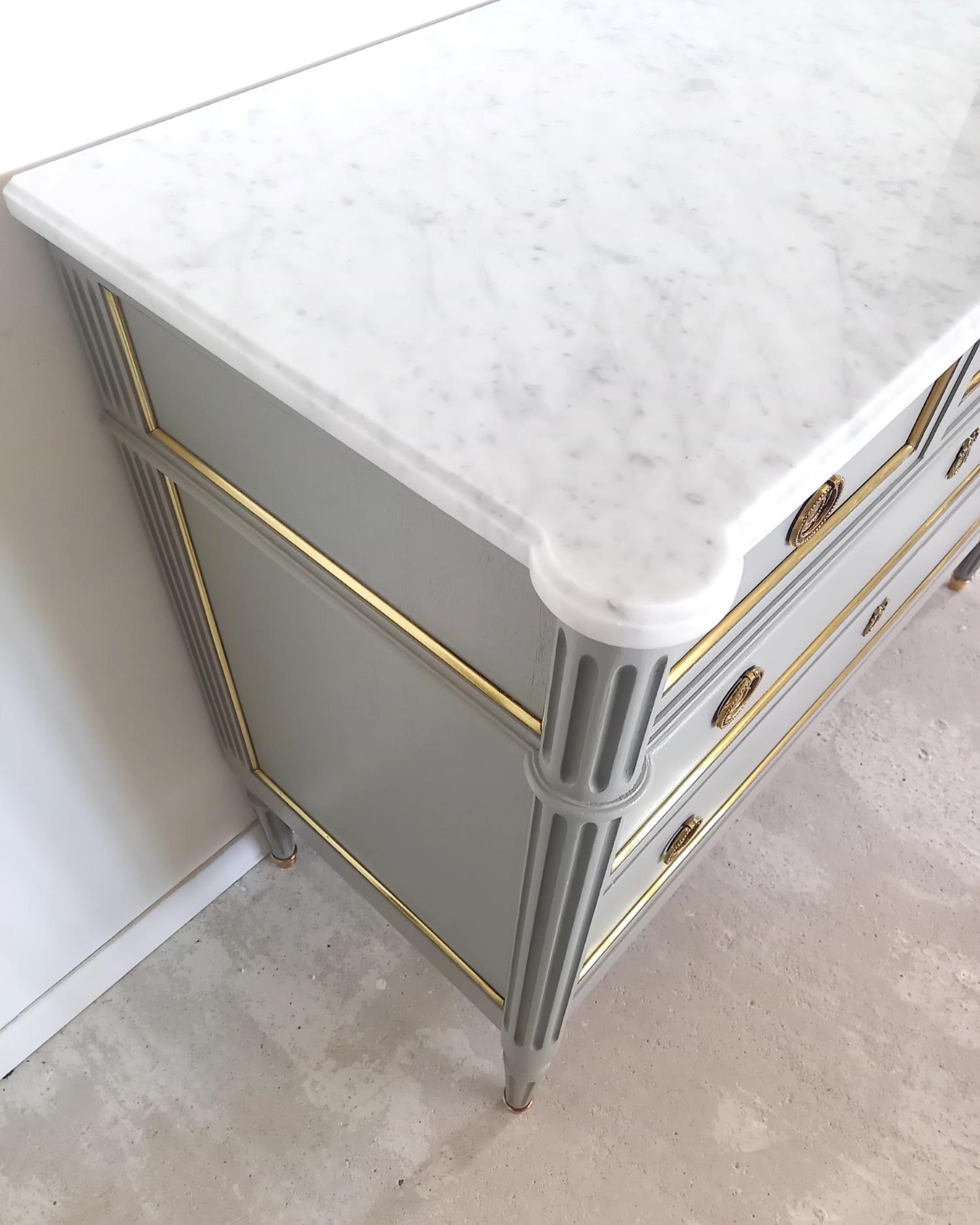 Antique French, Louis XVI Chest of Drawers Commode, Carrara Marble & Bronze For Sale 3