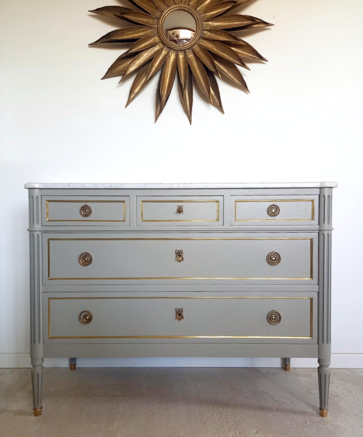 Antique French, Louis XVI Chest of Drawers Commode, Carrara Marble & Bronze For Sale 5