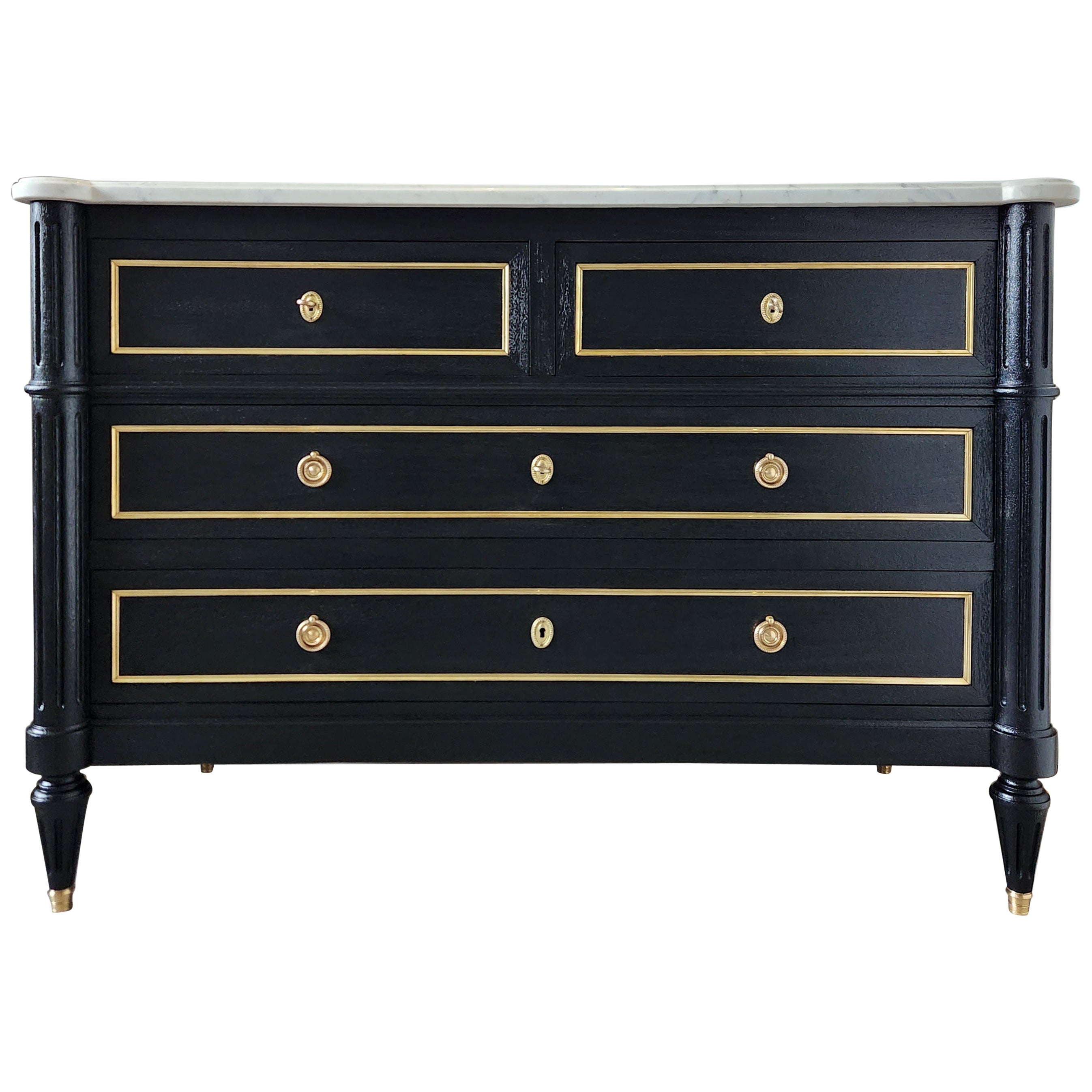 Antique French, Louis XVI Chest of Drawers Commode, Carrara Marble & Bronze