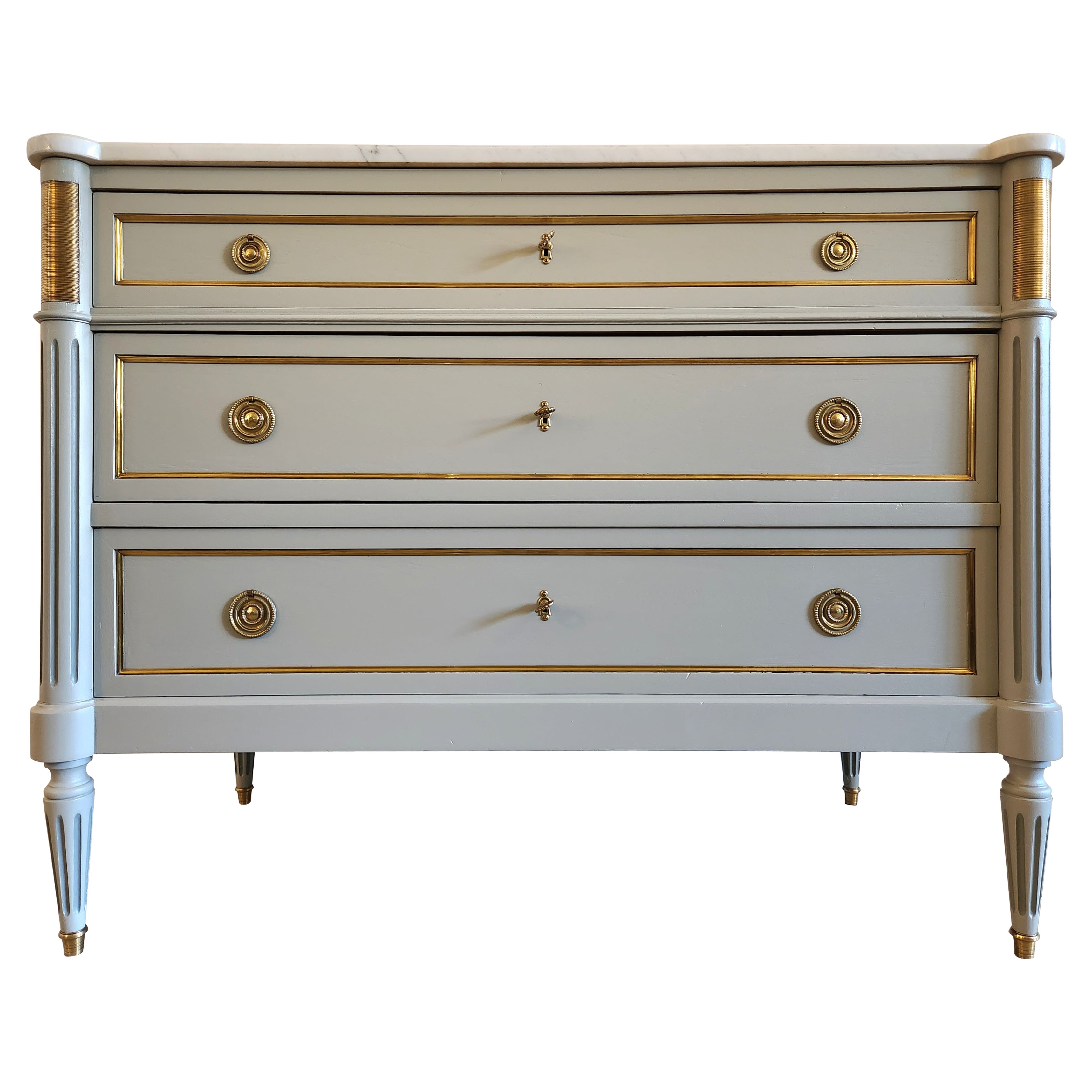 Antique French, Louis XVI Chest of Drawers Commode, Carrara Marble 
Bronze