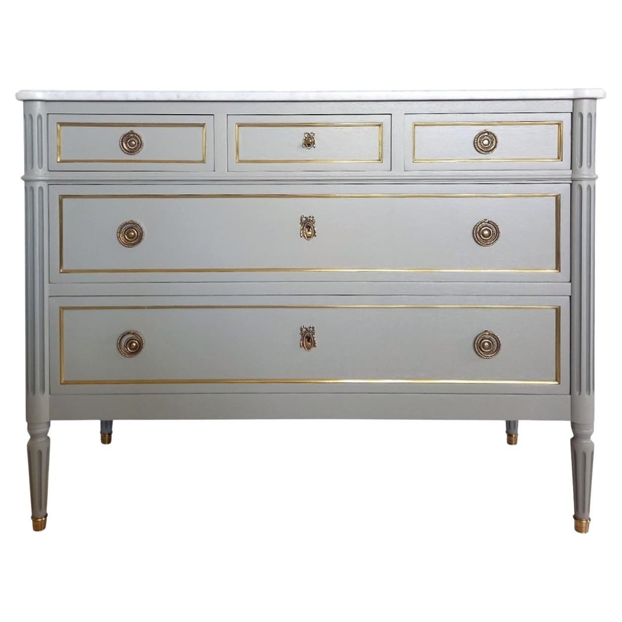 Antique French, Louis XVI Chest of Drawers Commode, Carrara Marble & Bronze For Sale