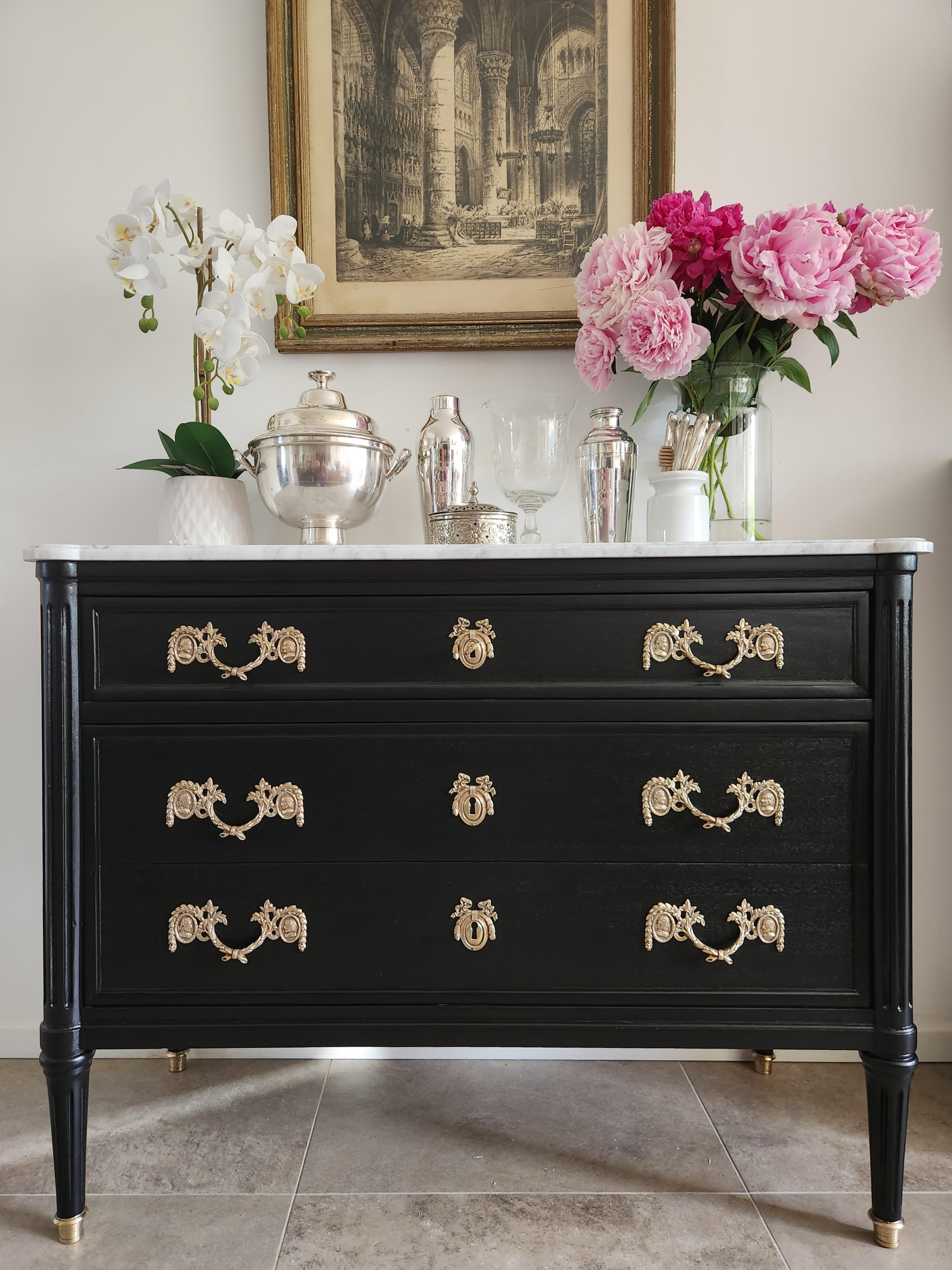 Antique French, Louis XVI Chest of Drawers Commode, Carrara Marble For Sale 6