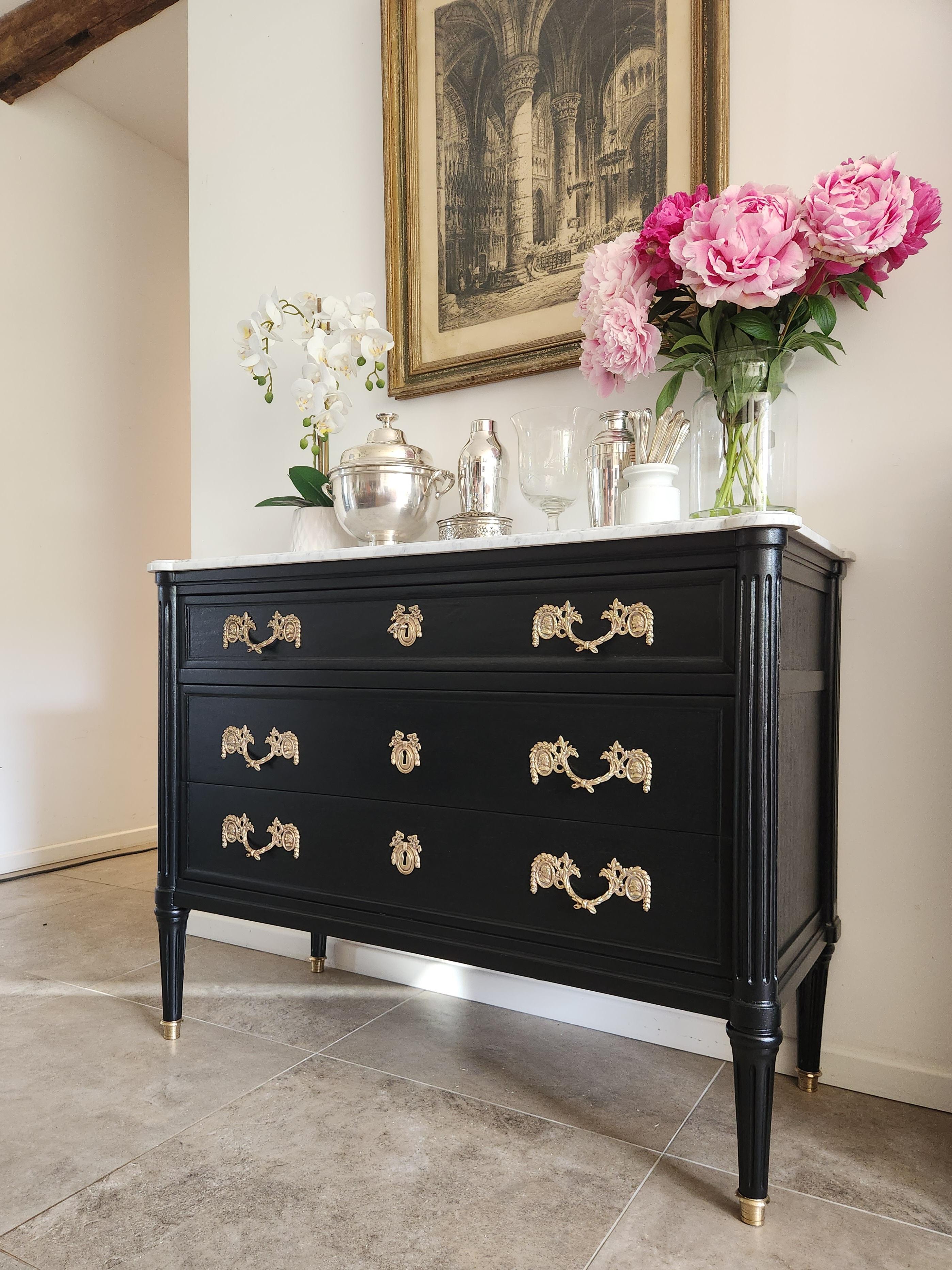 Antique French, Louis XVI Chest of Drawers Commode, Carrara Marble For Sale 2