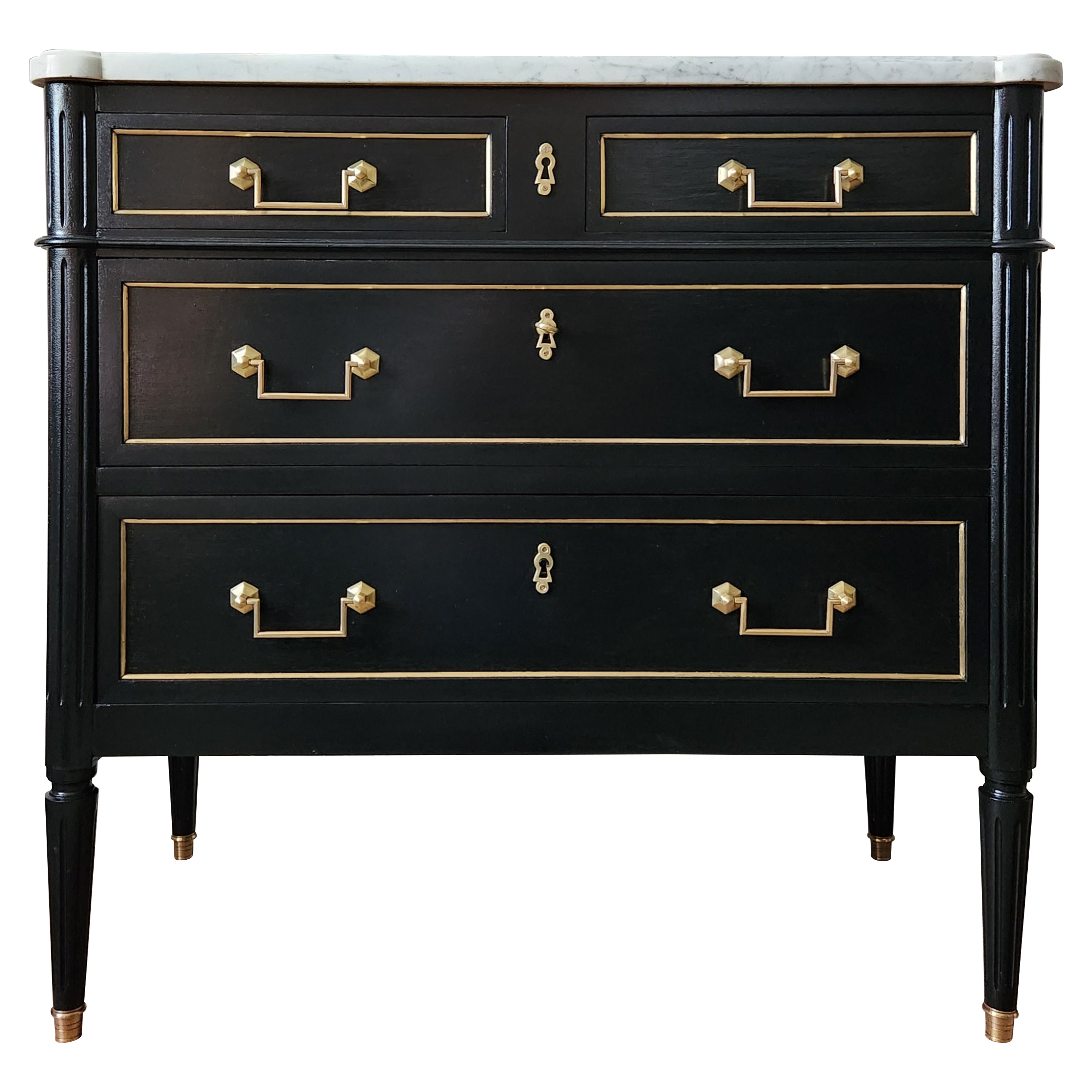 Ancienne commode française Louis XVI à tiroirs, marbre de Carrare