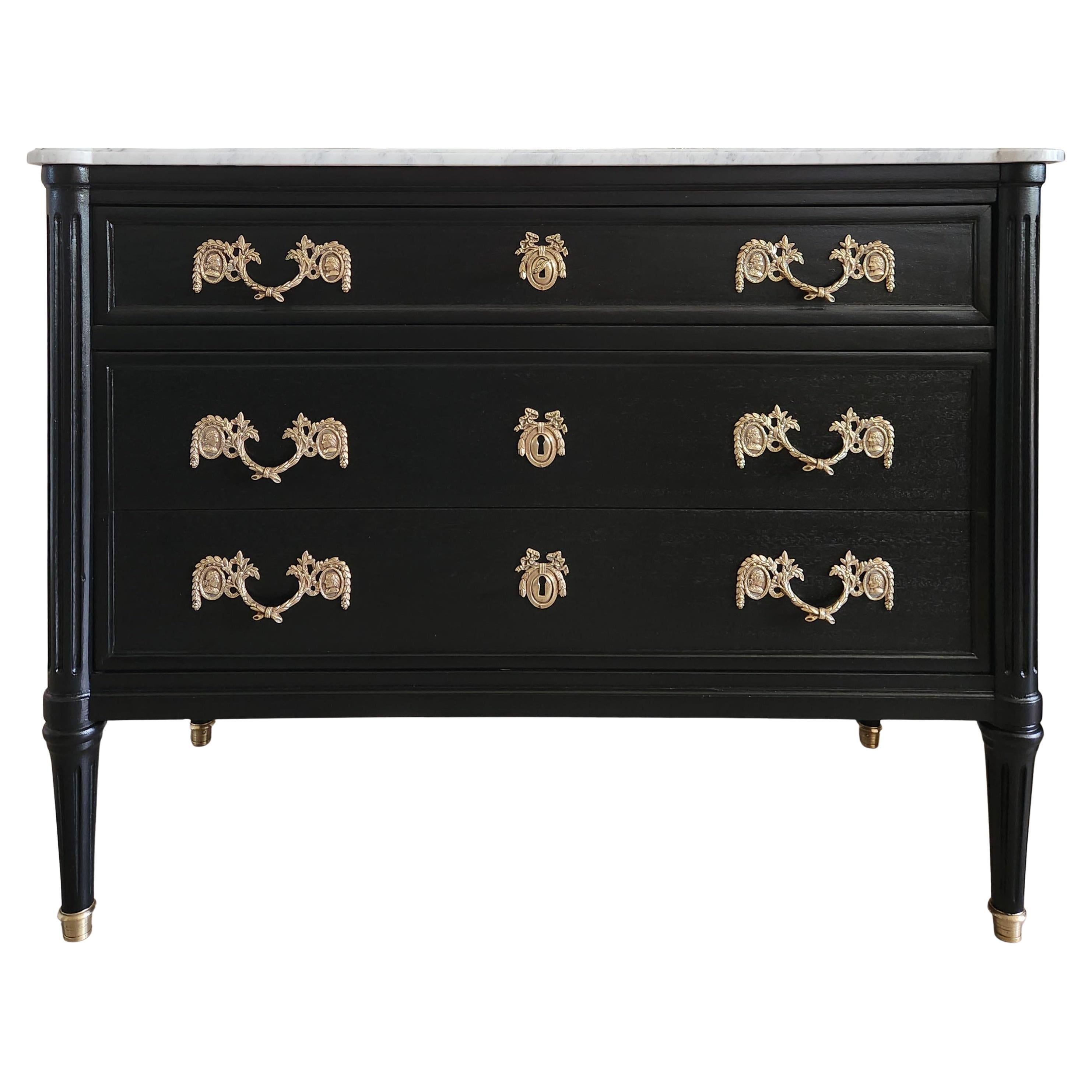 Antique French, Louis XVI Chest of Drawers Commode, Carrara Marble For Sale