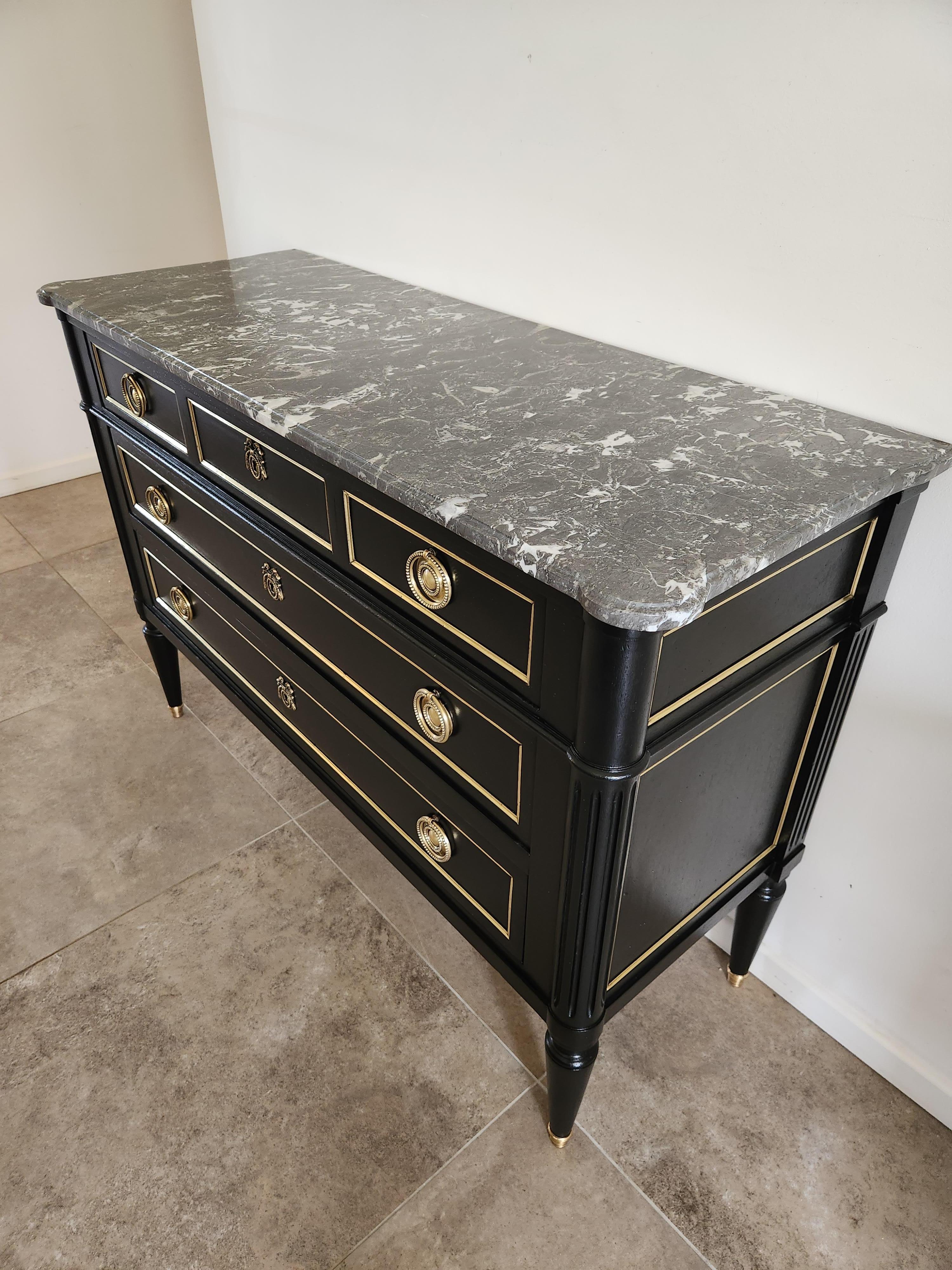 Early 20th Century Antique French Louis XVI Chest of Drawers Commode Marble, Bronze & Brass For Sale