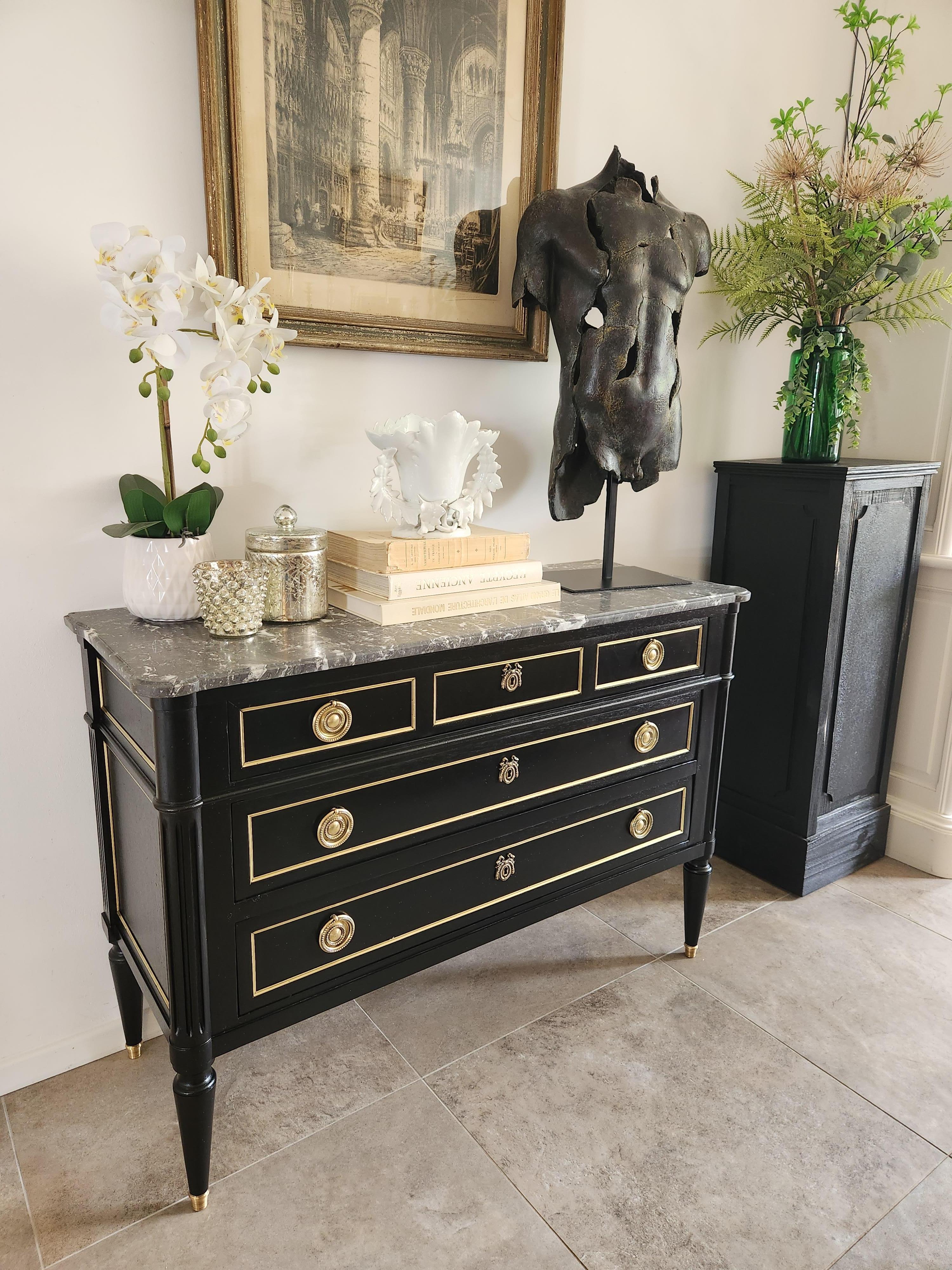 Antique French Louis XVI Chest of Drawers Commode Marble, Bronze & Brass For Sale 1