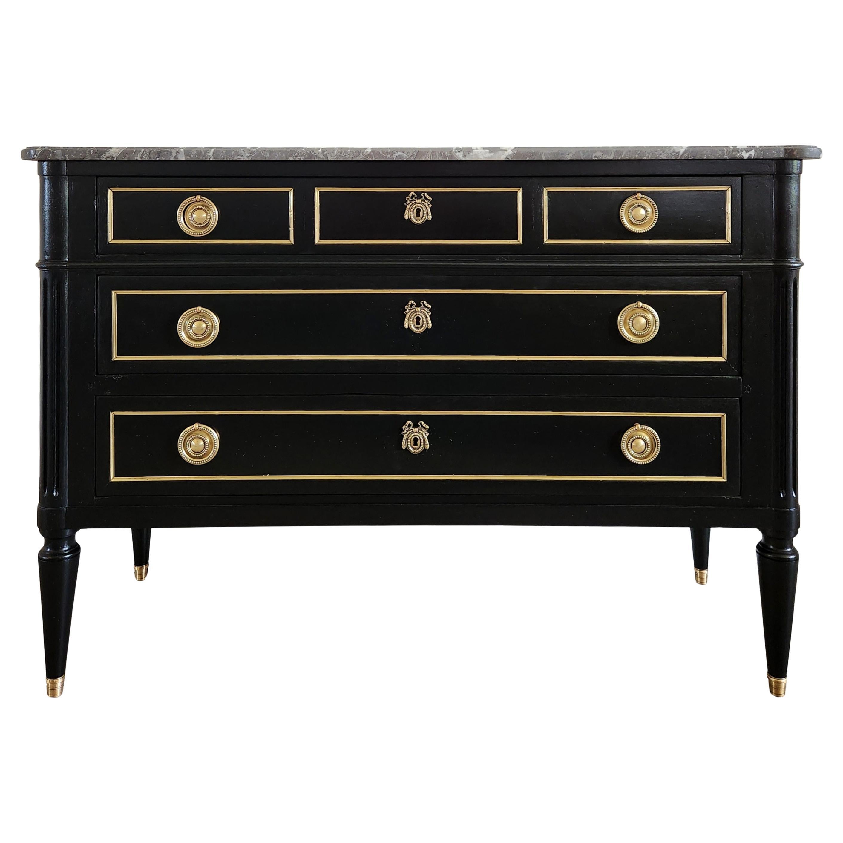 Antique French Louis XVI Chest of Drawers Commode Marble, Bronze & Brass For Sale