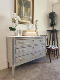 Antique French Louis XVI Commode Chest Of Drawers, Carrara Marble & Bronze