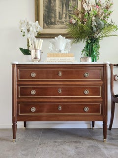 Antique French Louis XVI Commode Chest Of Drawers, Carrara Marble & Bronze