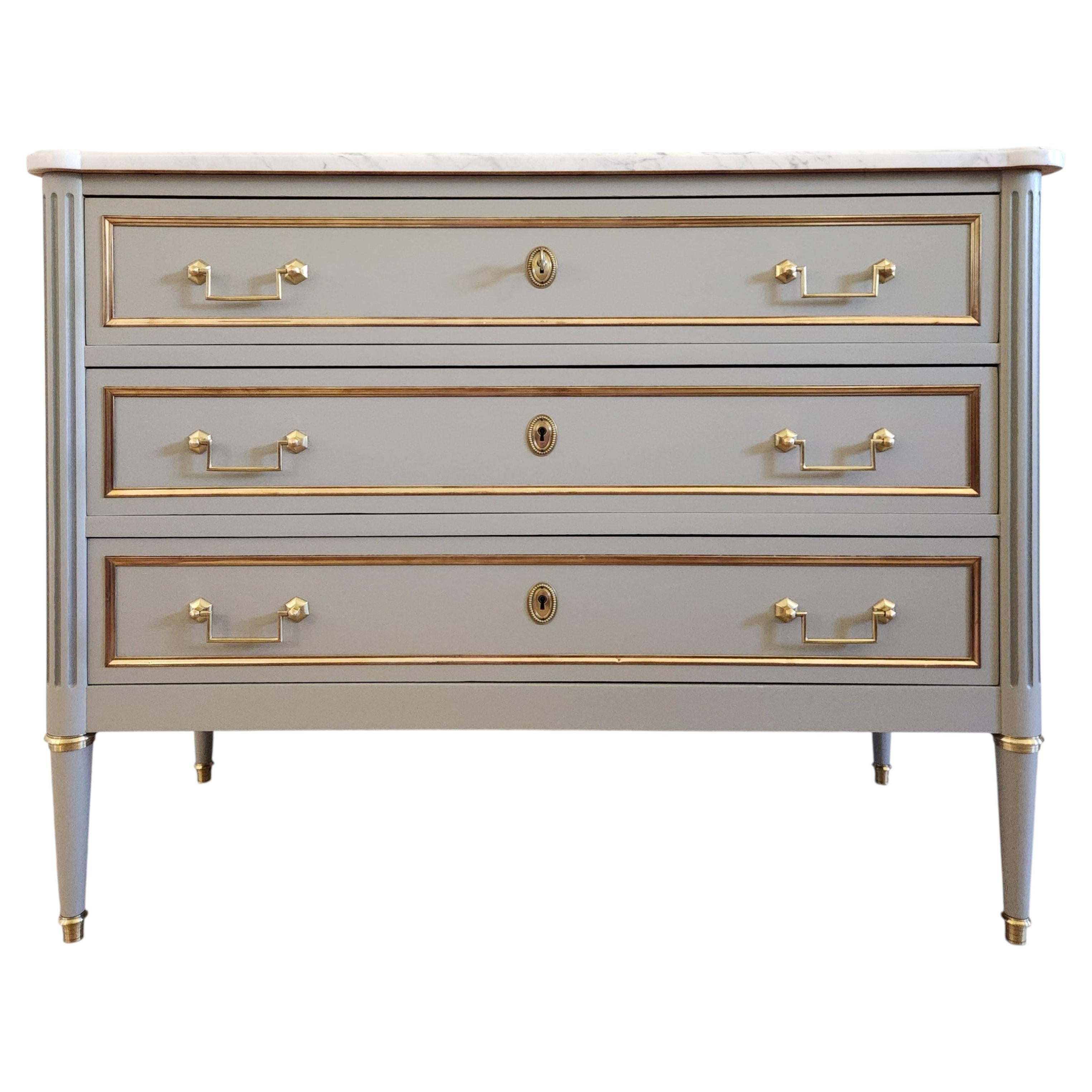 Antique French Louis XVI Commode Chest Of Drawers, Carrara Marble & Bronze