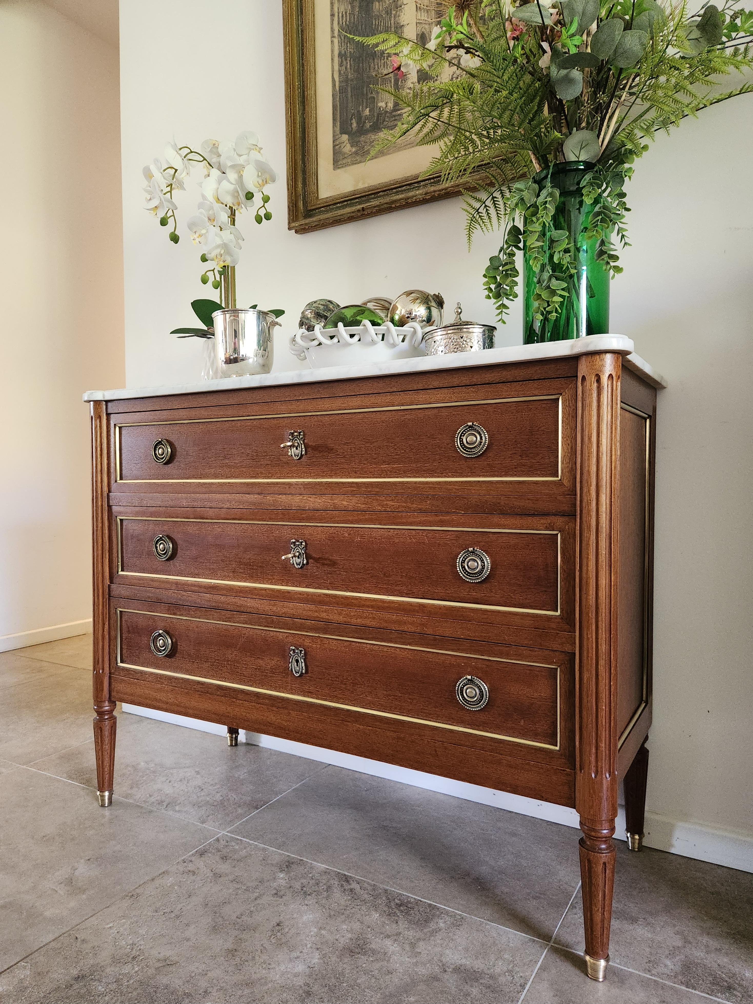 Antique French Louis XVI Commode Chest Of Drawers, Marble & Bronze For Sale 5