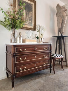 Antique French Louis XVI Commode Chest Of Drawers, Carrara Marble & Bronze