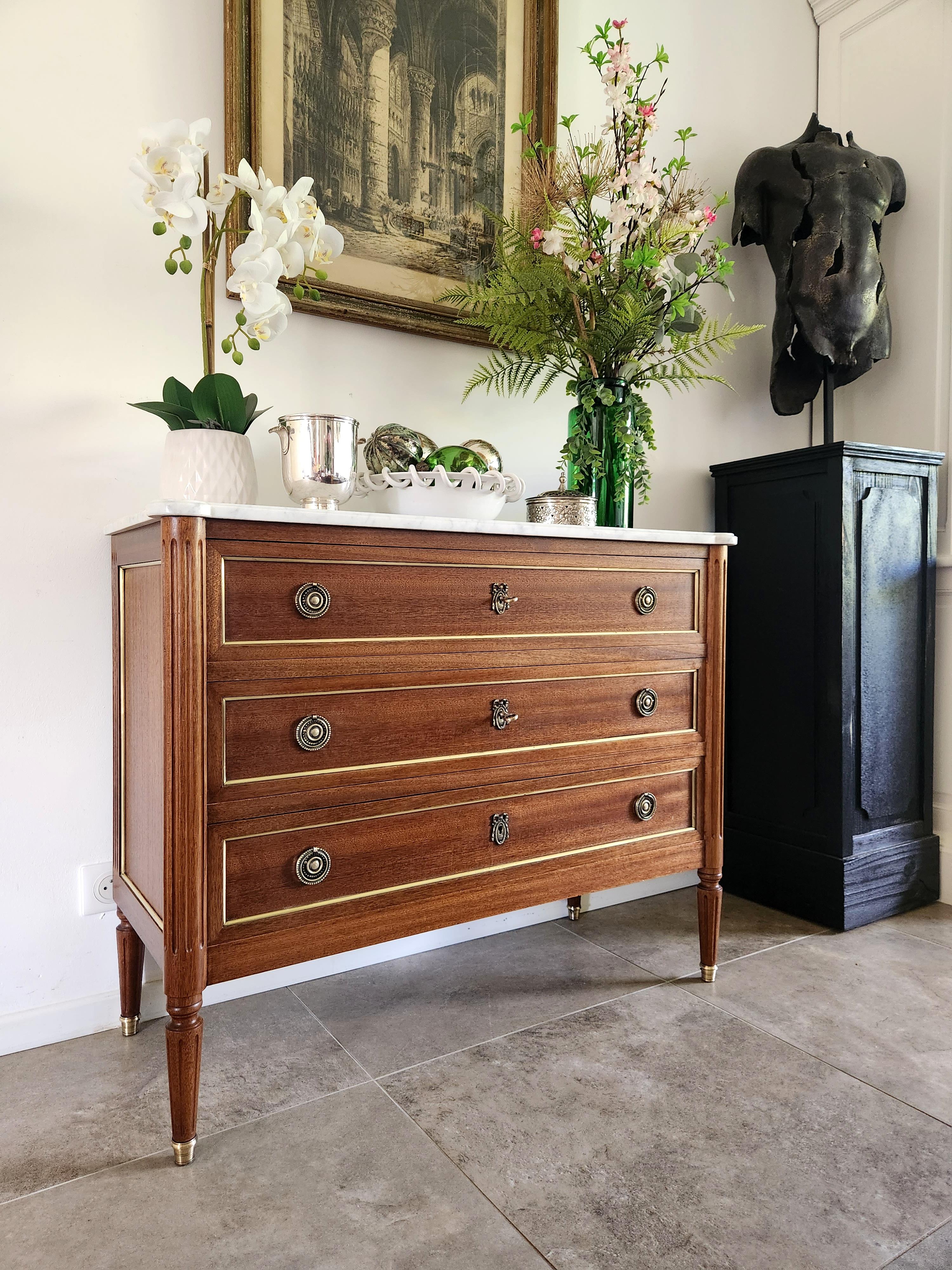 20th Century Antique French Louis XVI Commode Chest Of Drawers, Marble & Bronze For Sale