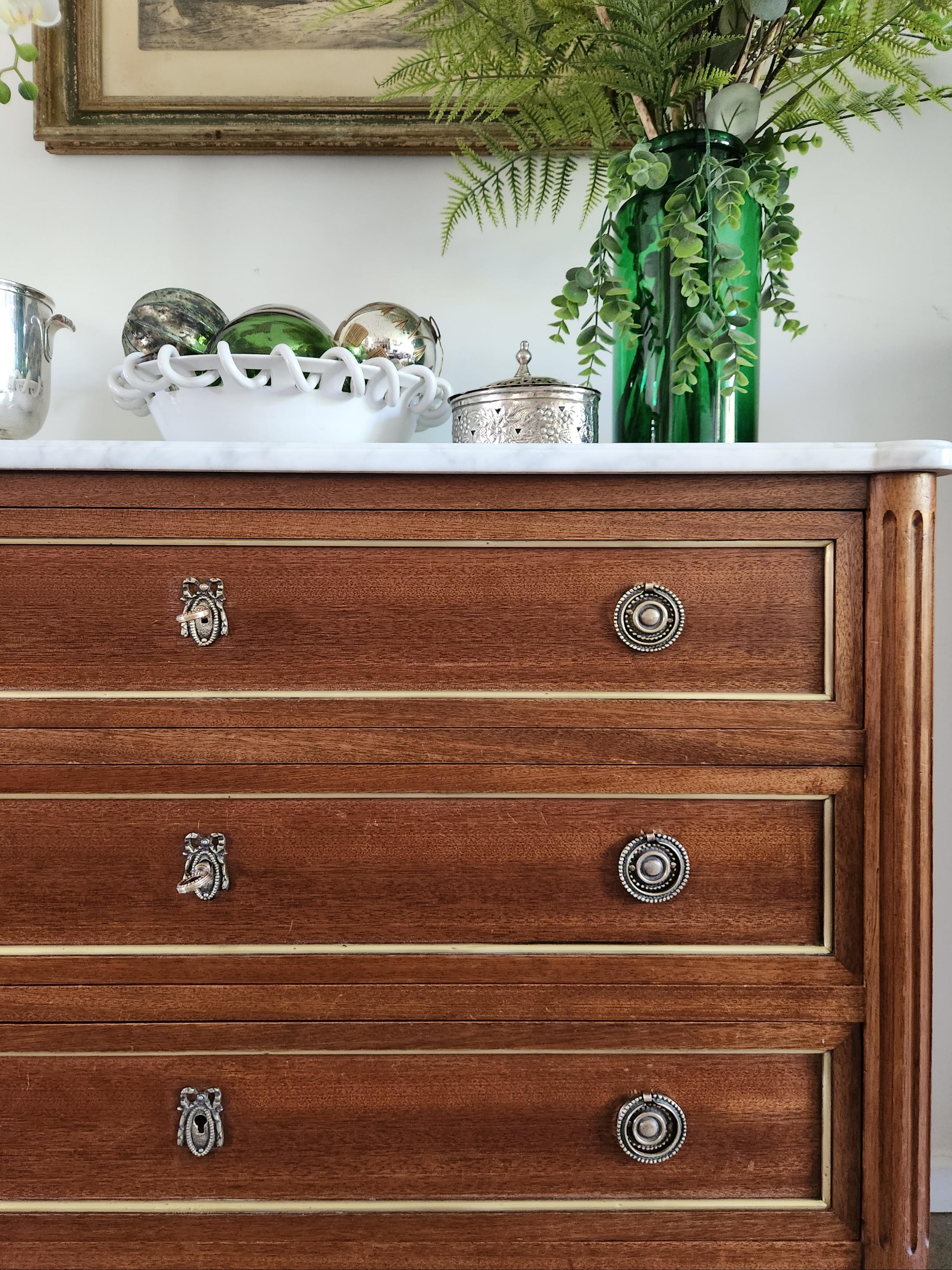 Carrara Marble Antique French Louis XVI Commode Chest Of Drawers, Marble & Bronze For Sale